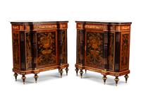A Pair of Louis XVI Style Gilt Bronze Mounted Marquetry Marble-Top Console Cabinets