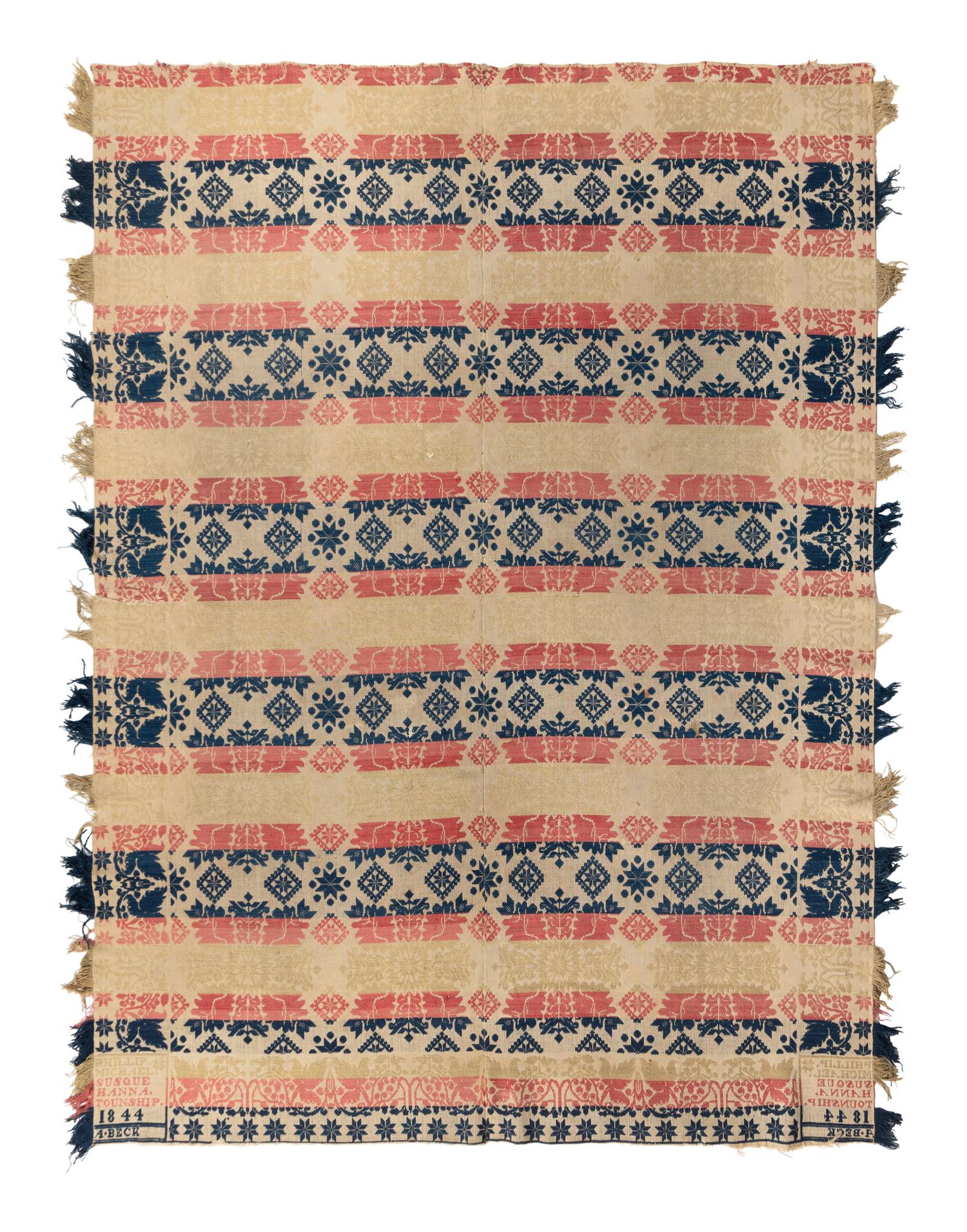 Two Jacquard Woven Cotton and Wool Coverlets