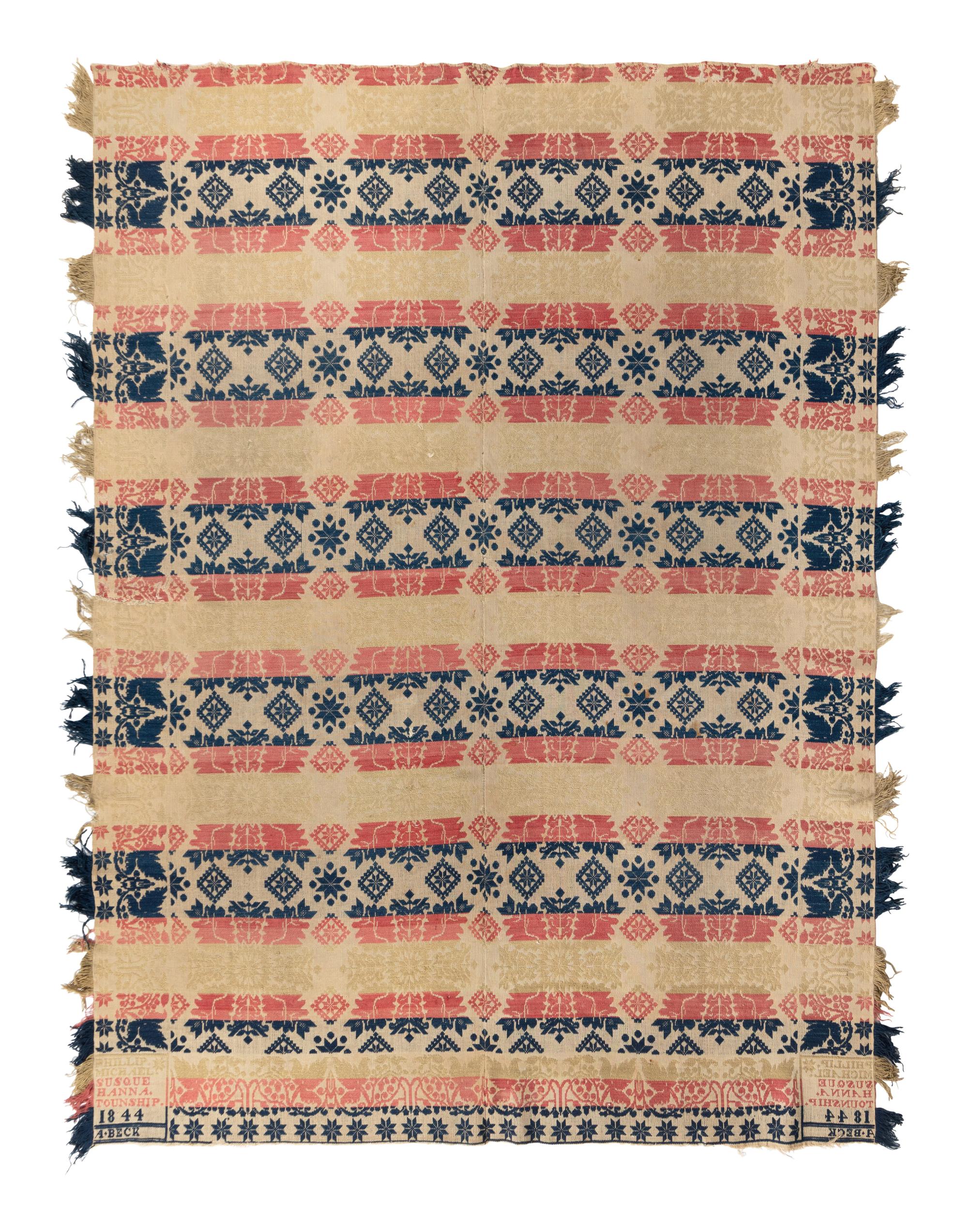 Two Jacquard Woven Cotton and Wool Coverlets