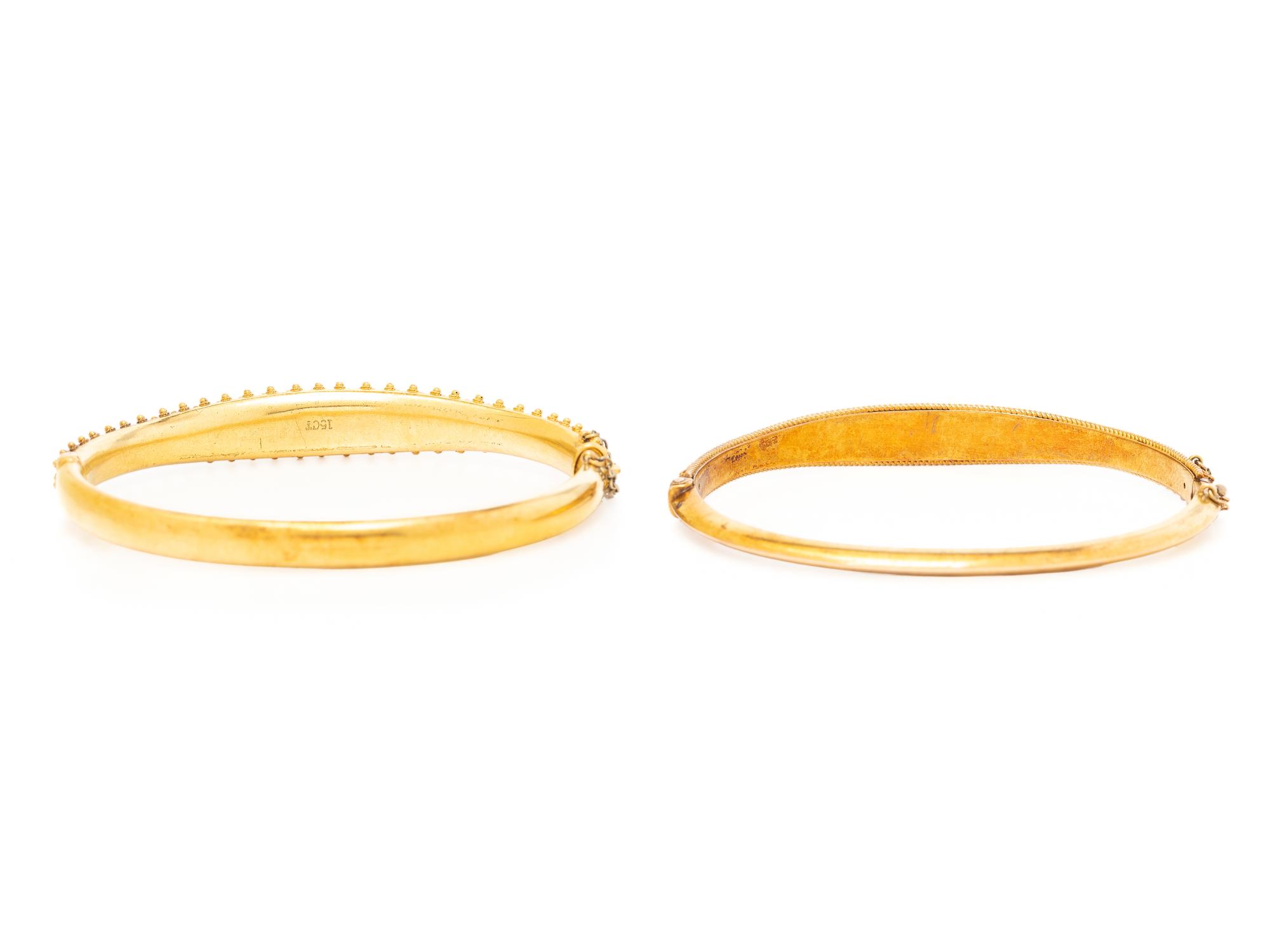 ANTIQUE, TWO YELLOW GOLD AND SEED PEARL BANGLE BRACELETS