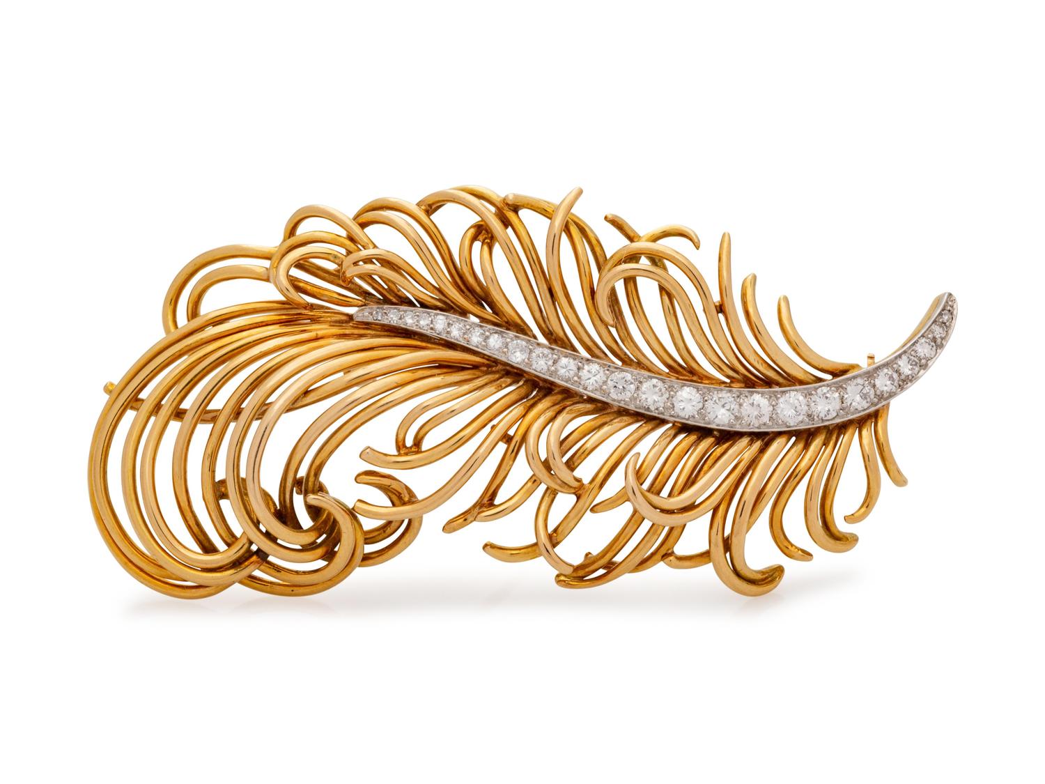 An 18 Karat Yellow Gold and Diamond Feather Brooch,