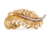 An 18 Karat Yellow Gold and Diamond Feather Brooch,