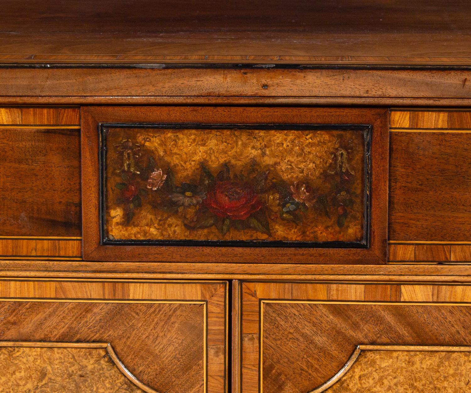 An English Painted Burr Yew Wood, Satinwood and Mahogany Console Cabinet