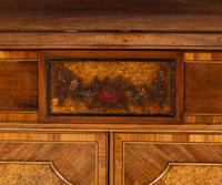 An English Painted Burr Yew Wood, Satinwood and Mahogany Console Cabinet