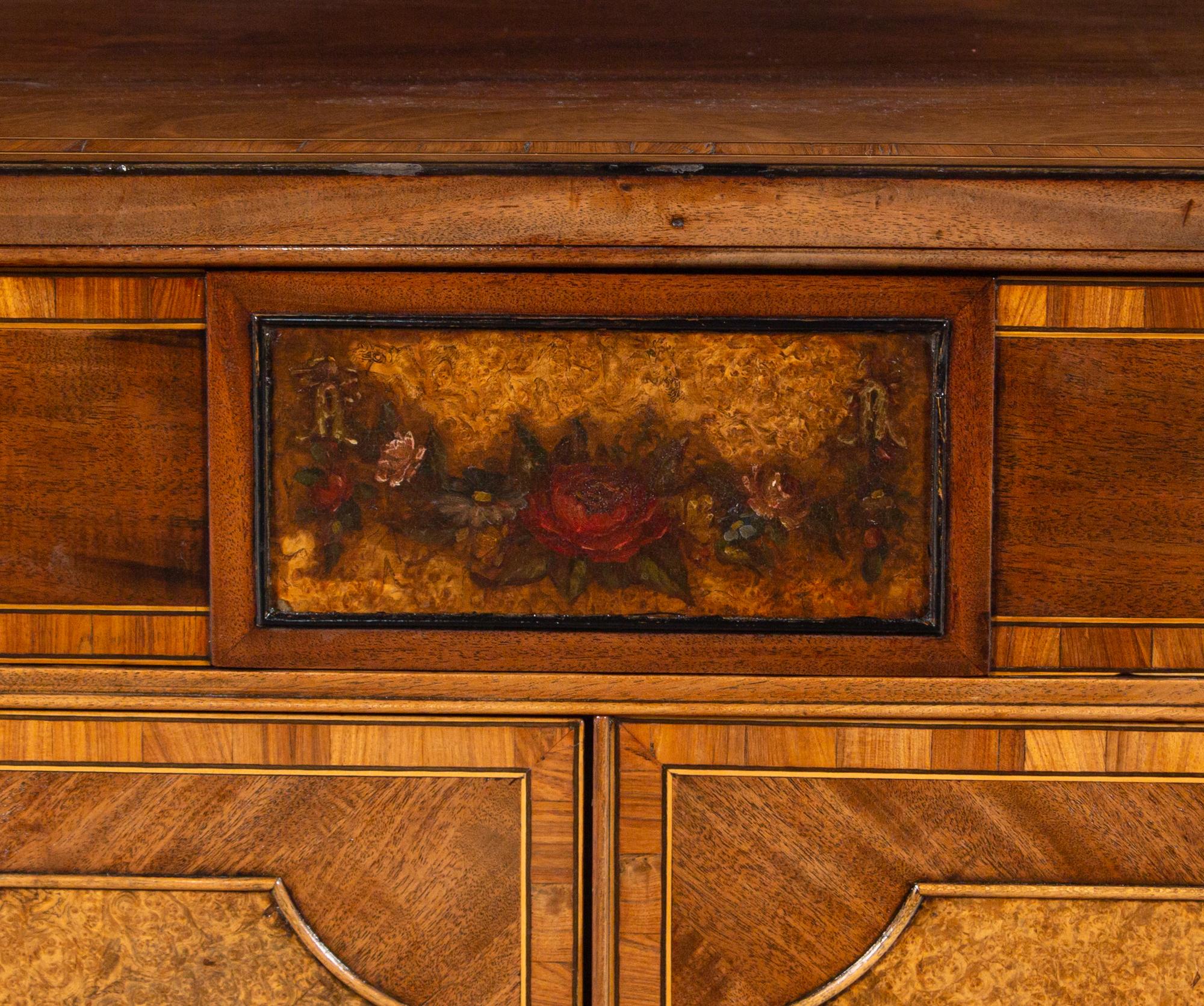 An English Painted Burr Yew Wood, Satinwood and Mahogany Console Cabinet