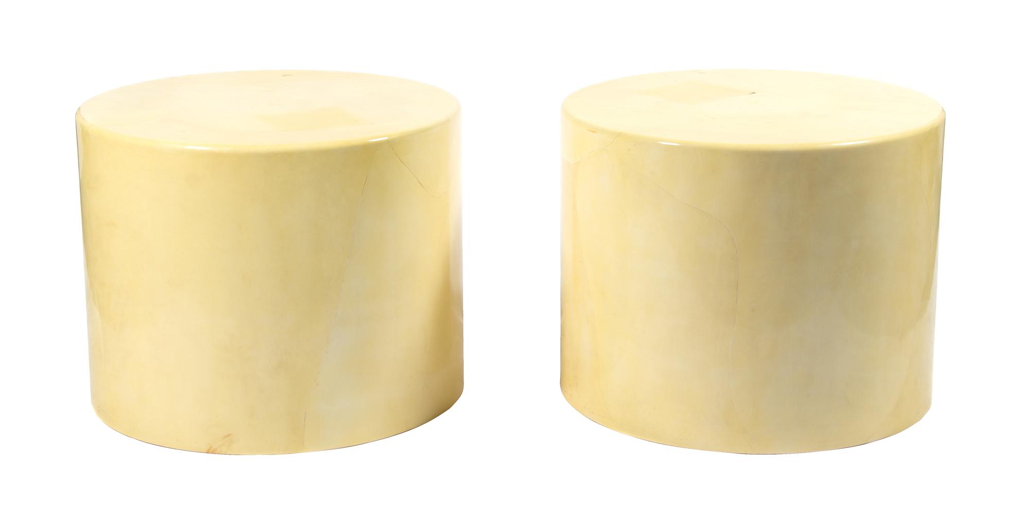 A Pair of Lacquered Parchment Side Tables Height 23 x diameter 29 inches. — 20TH CENTURY