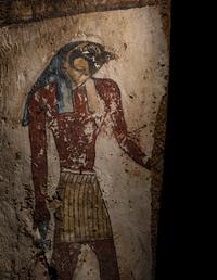 An Egyptian Painted Wood Sarcophagus Panel with the Sons of Horus