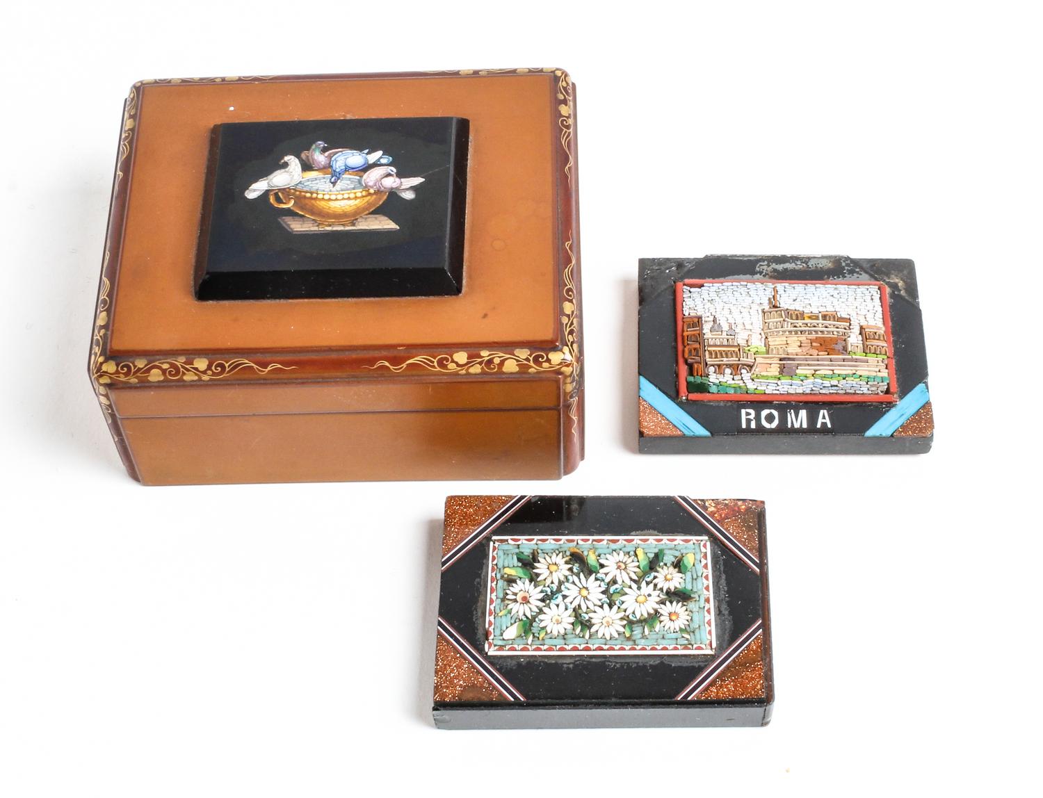 Three Micromosaics Height 2 1/4 x width 4 x depth 3 1/4 inches. — 20TH CENTURY