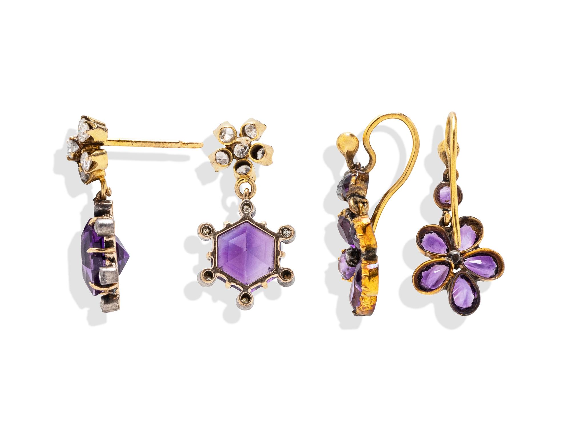 TWO PAIRS OF AMETHYST AND DIAMOND EARRINGS