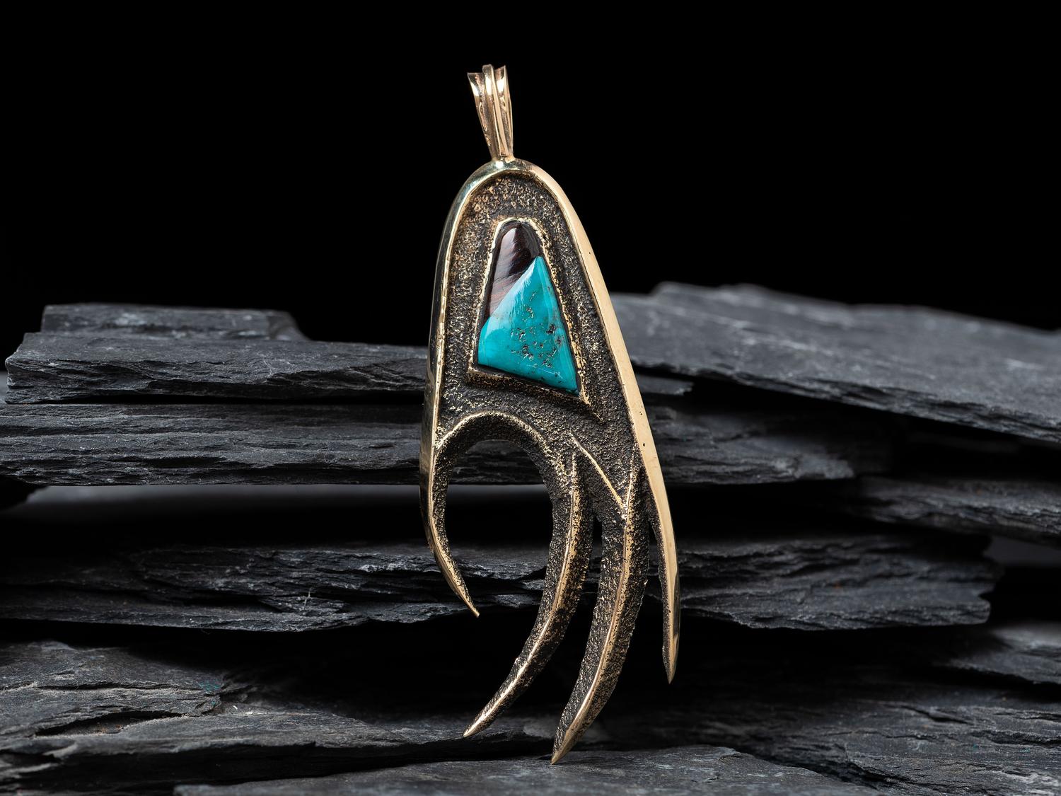 Tufa Cast 14K Gold, Turquoise, and Ironwood Bear Paw Pendant