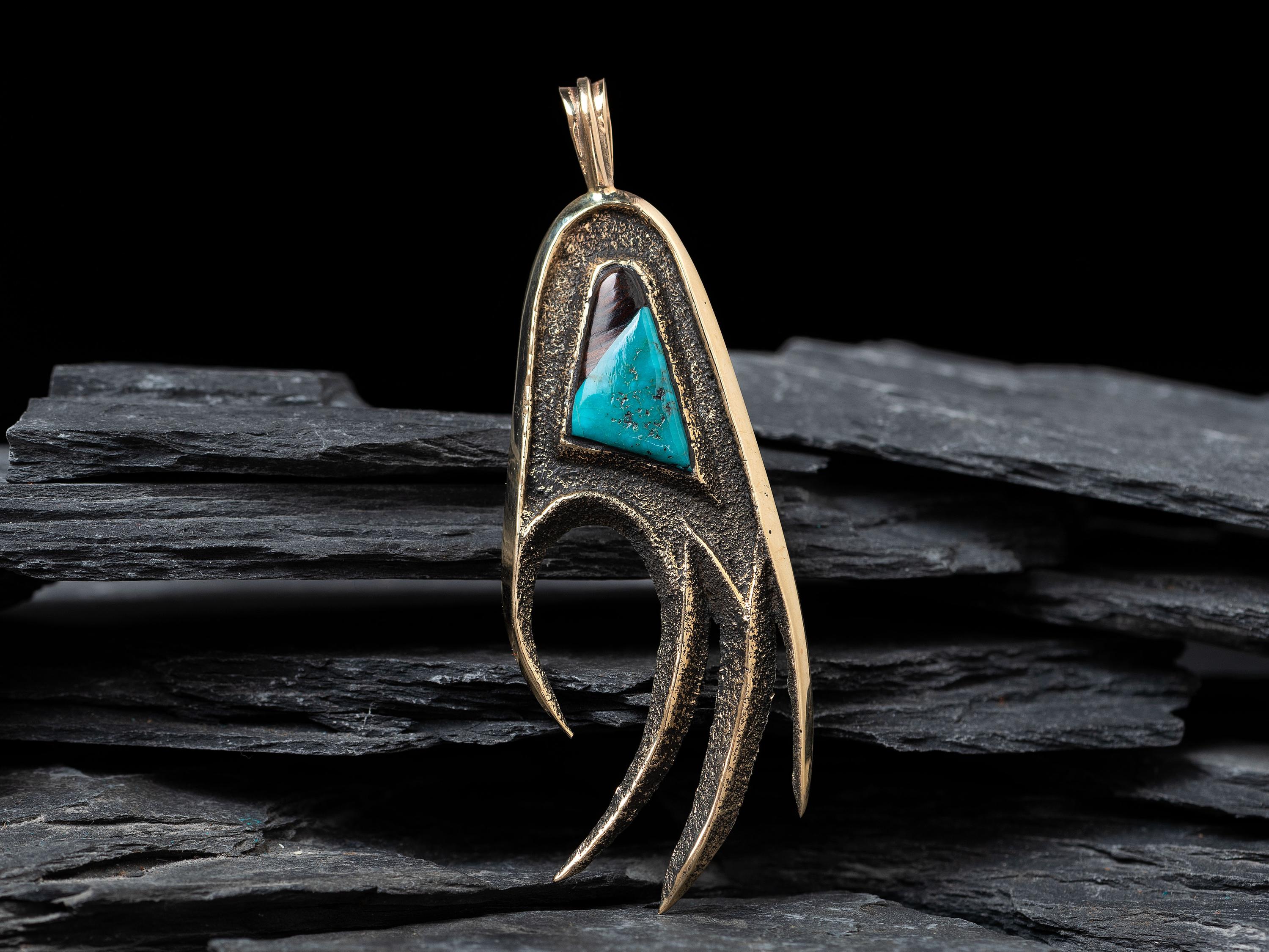 Tufa Cast 14K Gold, Turquoise, and Ironwood Bear Paw Pendant