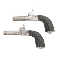 Cased Pair of Belgian Percussion Turn-Off Pocket Pistols