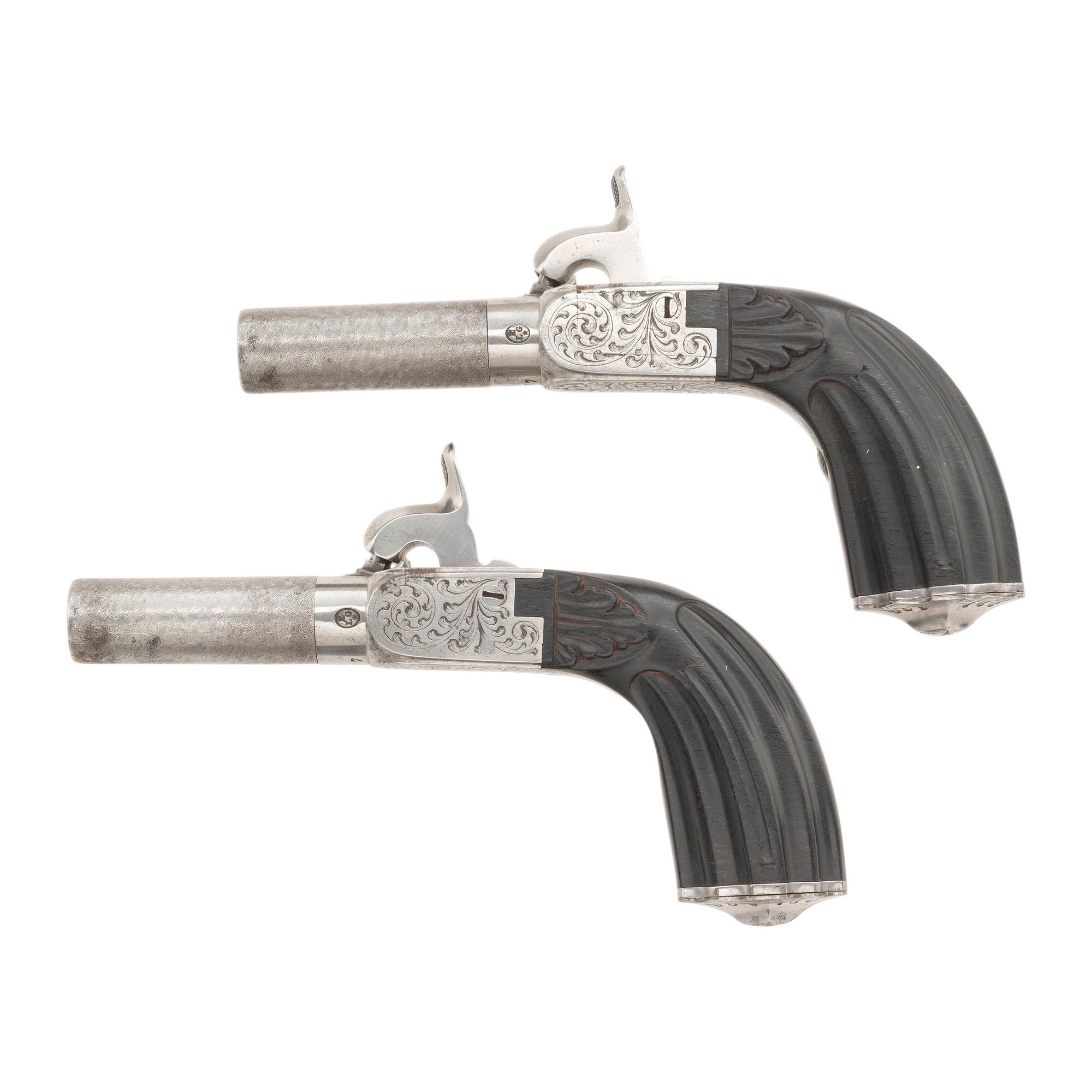 Cased Pair of Belgian Percussion Turn-Off Pocket Pistols