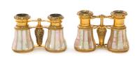 Two Pairs of French Mother-of-Pearl Veneered Opera Glasses, Flammarion, Width of wider 4 1/4 inches.