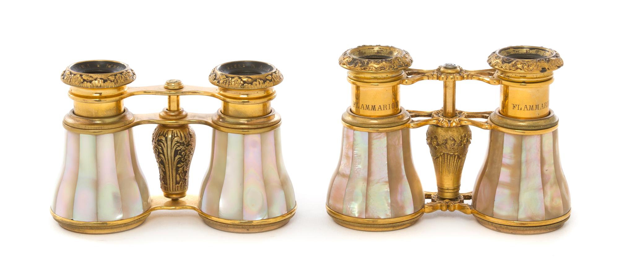 Two Pairs of French Mother-of-Pearl Veneered Opera Glasses, Flammarion, Width of wider 4 1/4 inches.