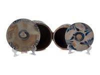 Two Cobalt Decorated Stoneware Cake Crocks