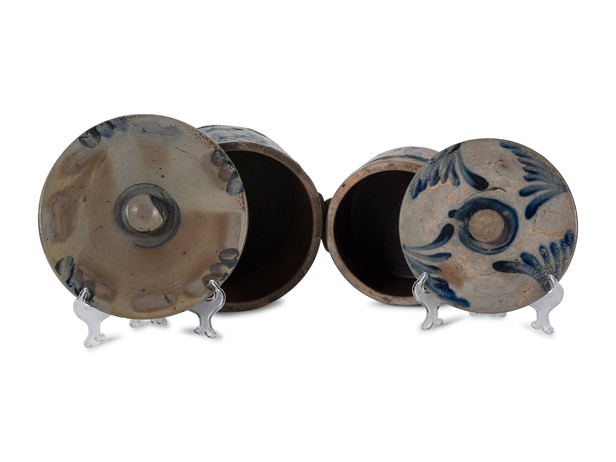 Two Cobalt Decorated Stoneware Cake Crocks