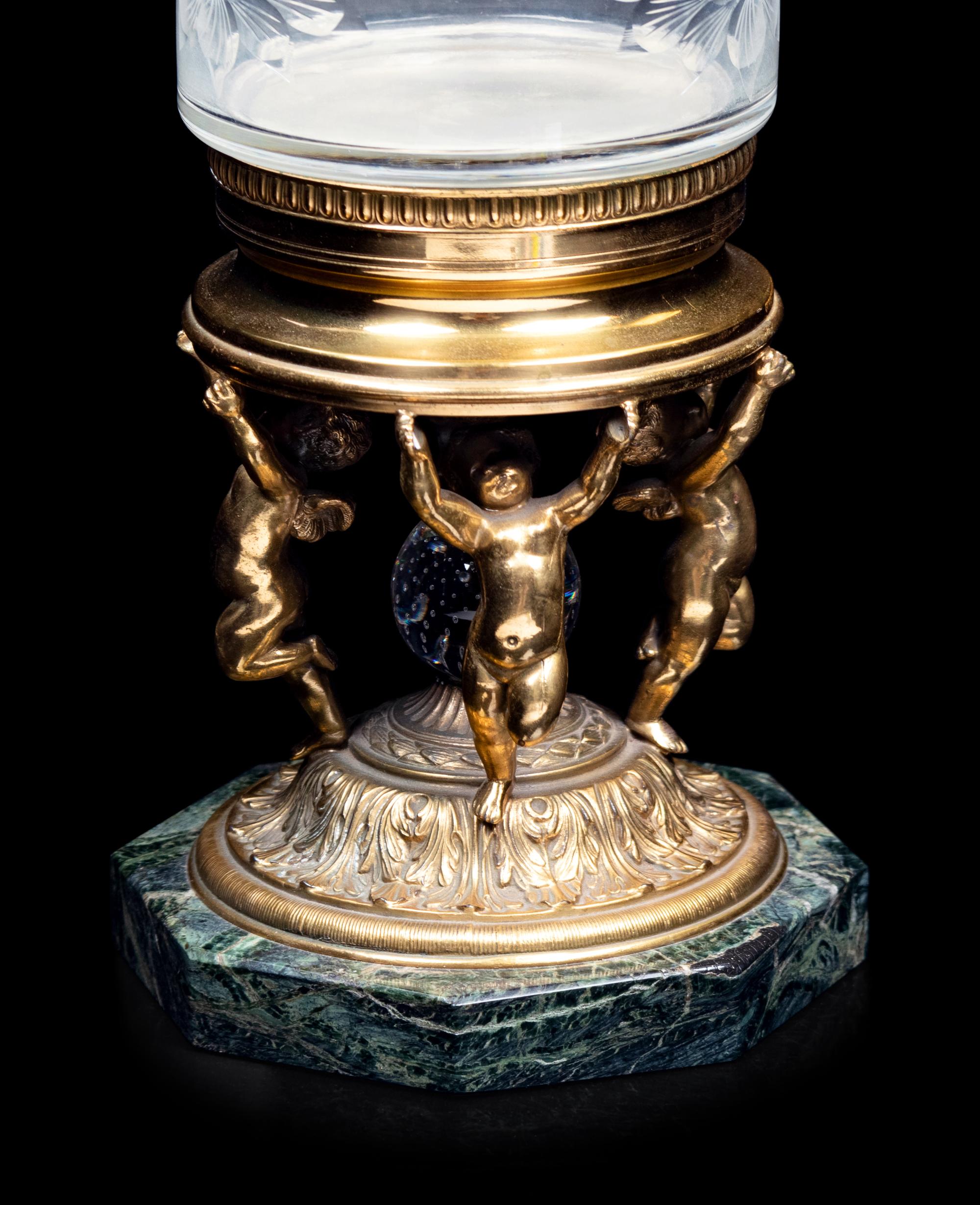 A French Gilt Bronze and Etched Glass Vase with Figural Supports