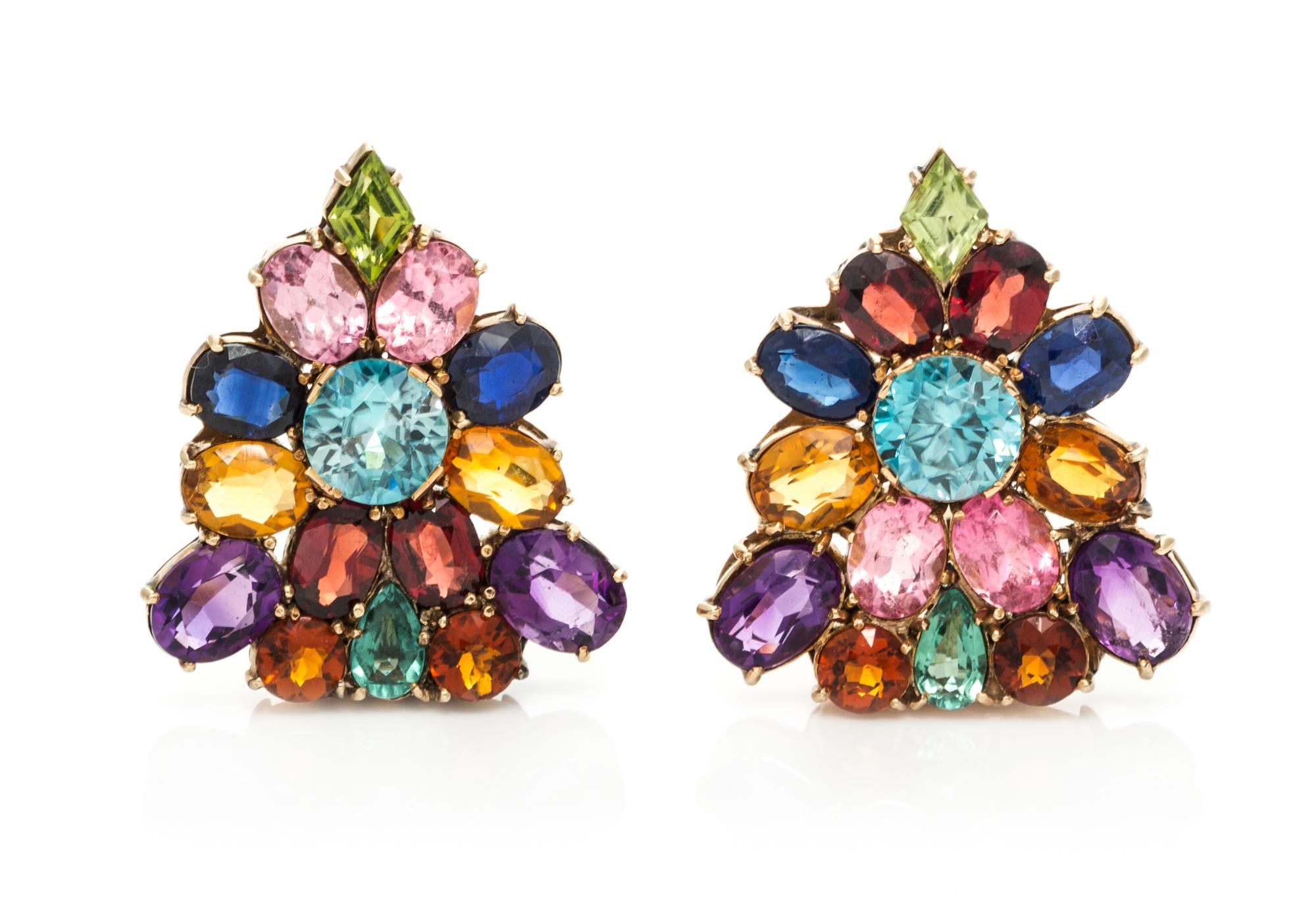 A Pair of Retro Rose Gold and Multigem Dress Clips, 14.90 dwts.