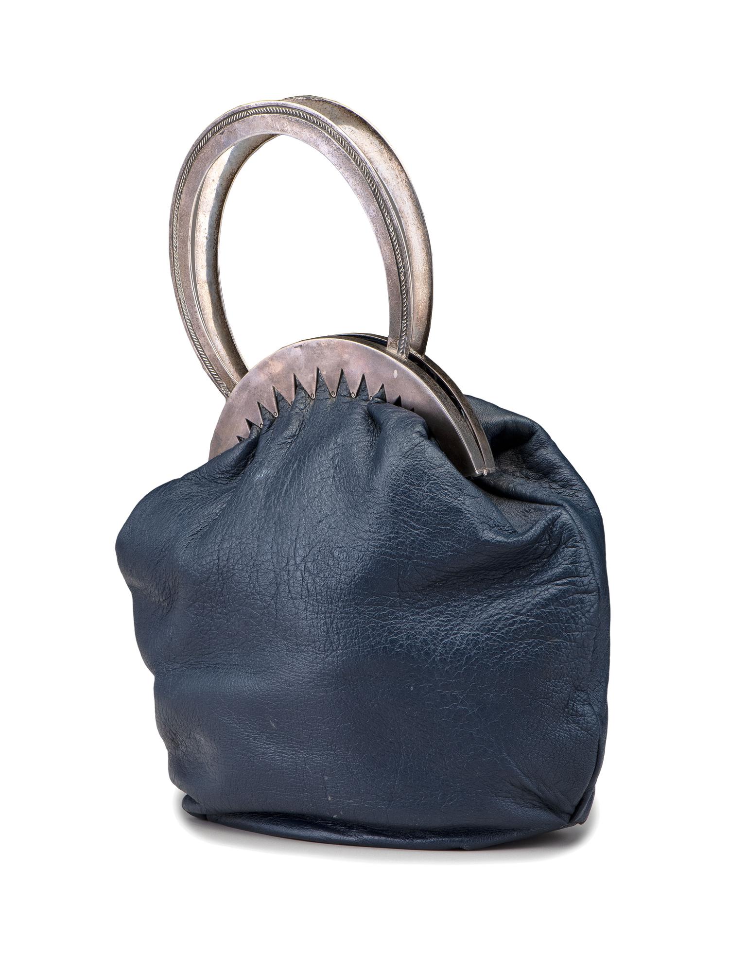 Navy Blue Leather Purse, with Sterling Silver Handle and Clasp