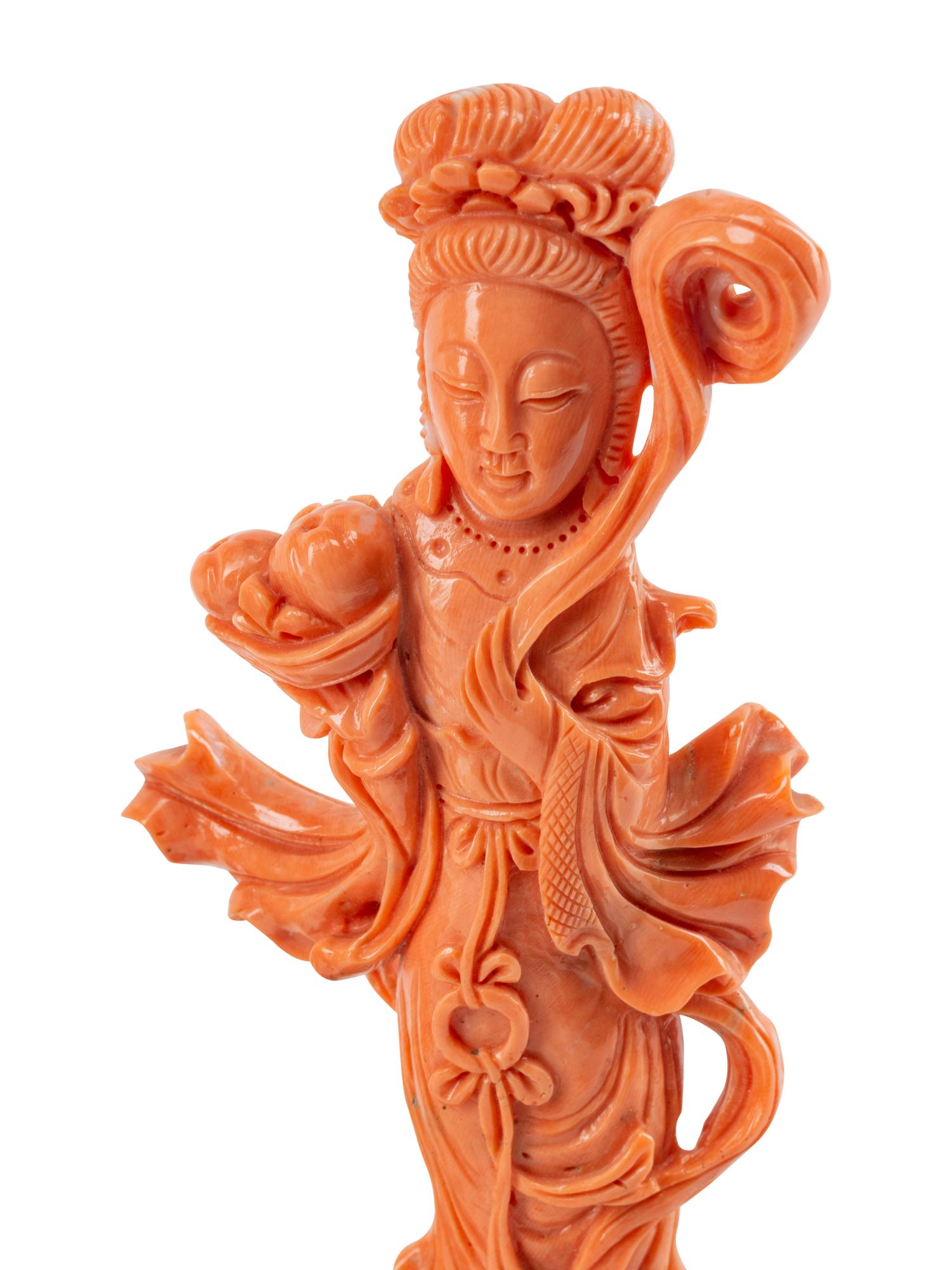 Three Chinese Carved Coral Figures on Wood Stands