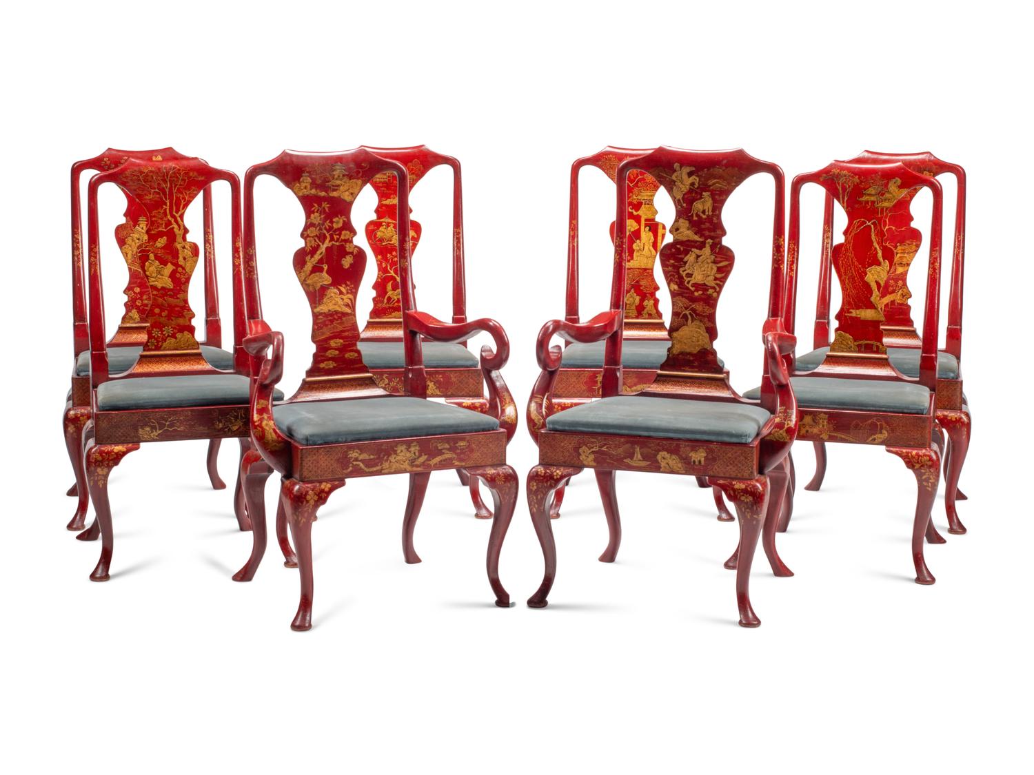 A Set of Eight Queen Anne Style Red and Gilt Japanned Dining Chairs