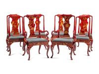 A Set of Eight Queen Anne Style Red and Gilt Japanned Dining Chairs