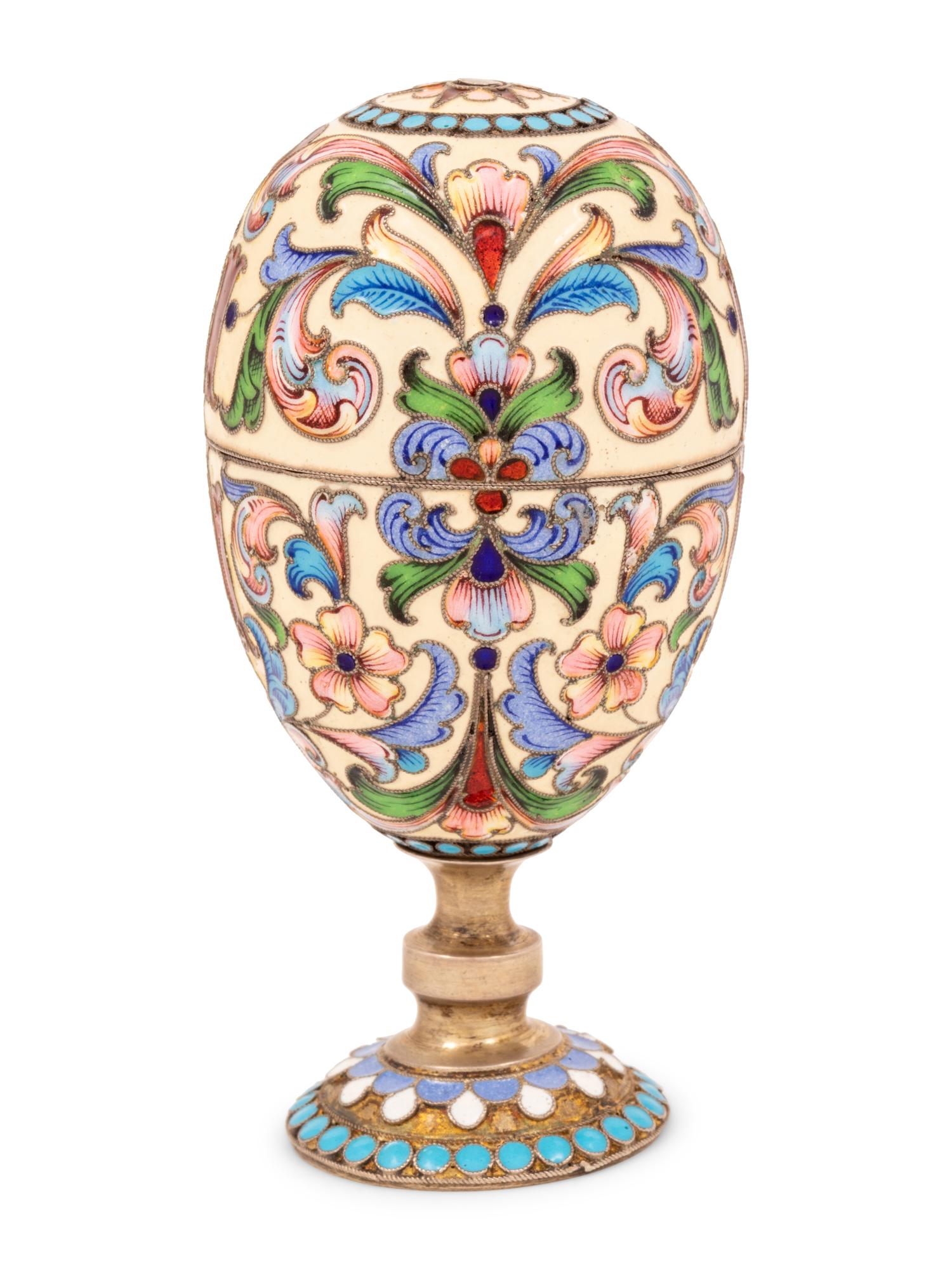 An Unusual Russian Enameled Silver Convertible Egg-Form Double Cordial Glass
