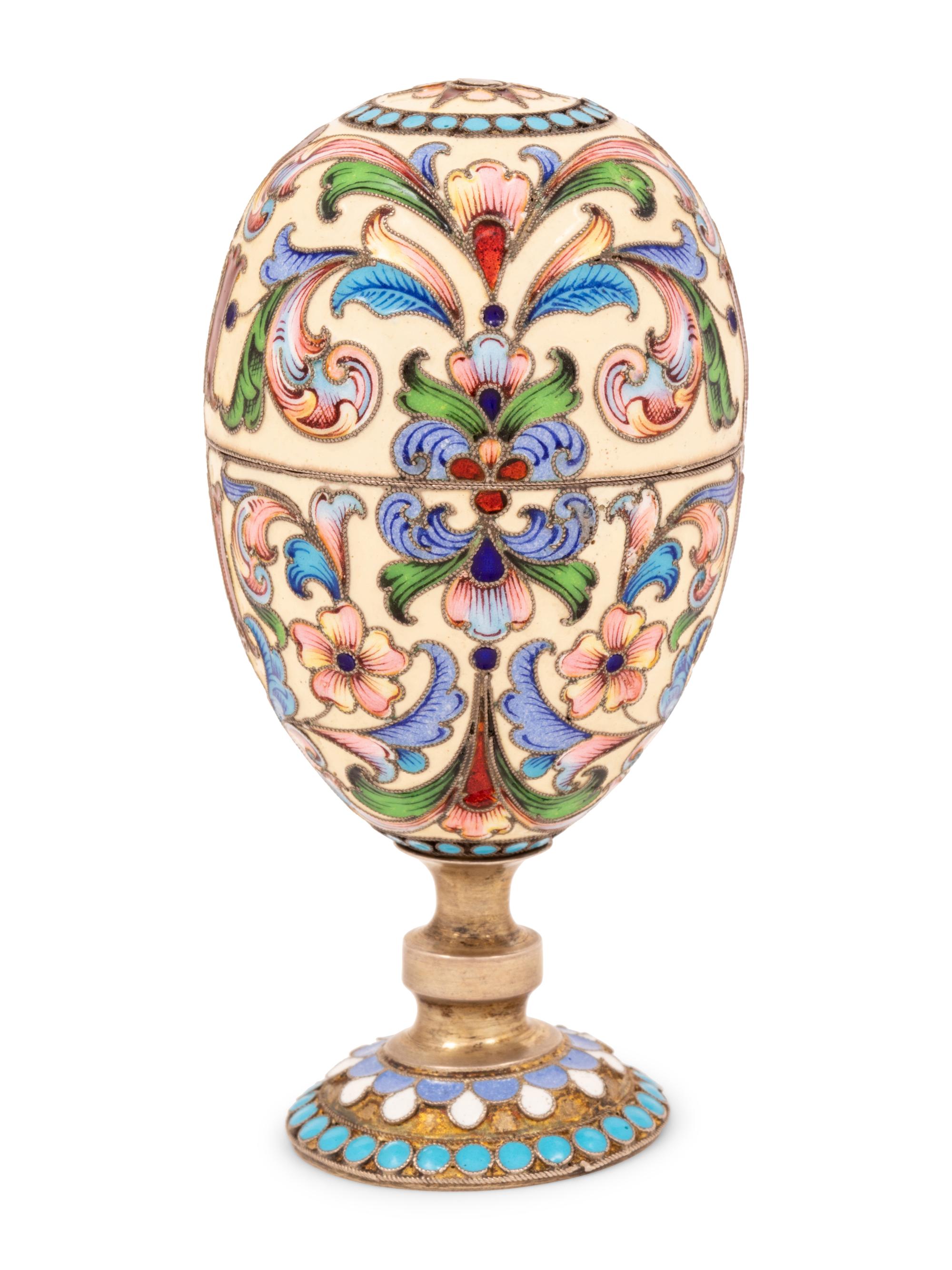 An Unusual Russian Enameled Silver Convertible Egg-Form Double Cordial Glass