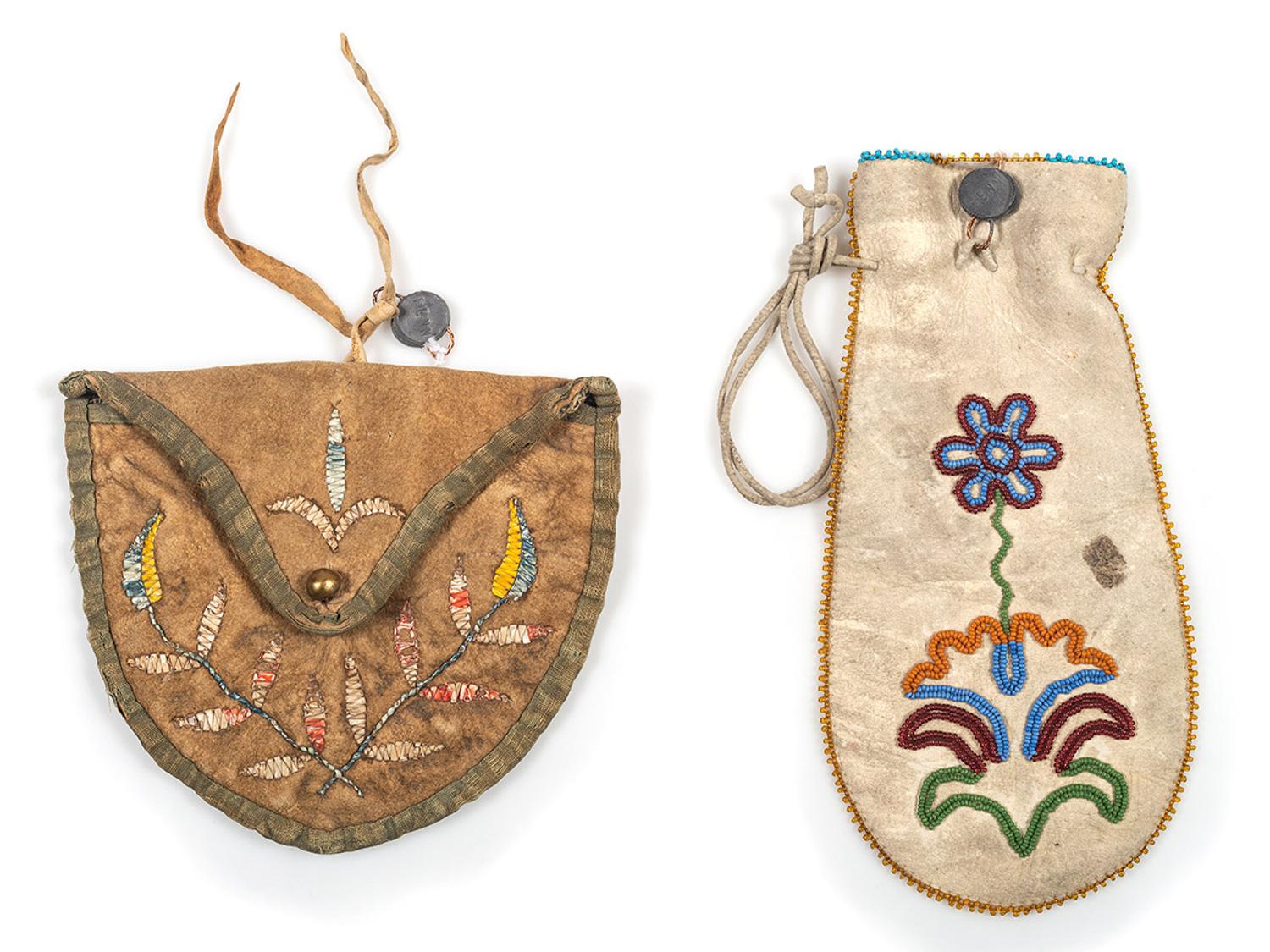 Athabascan Beaded Hide Pouch AND Santee Sioux Quilled Hide Pouch