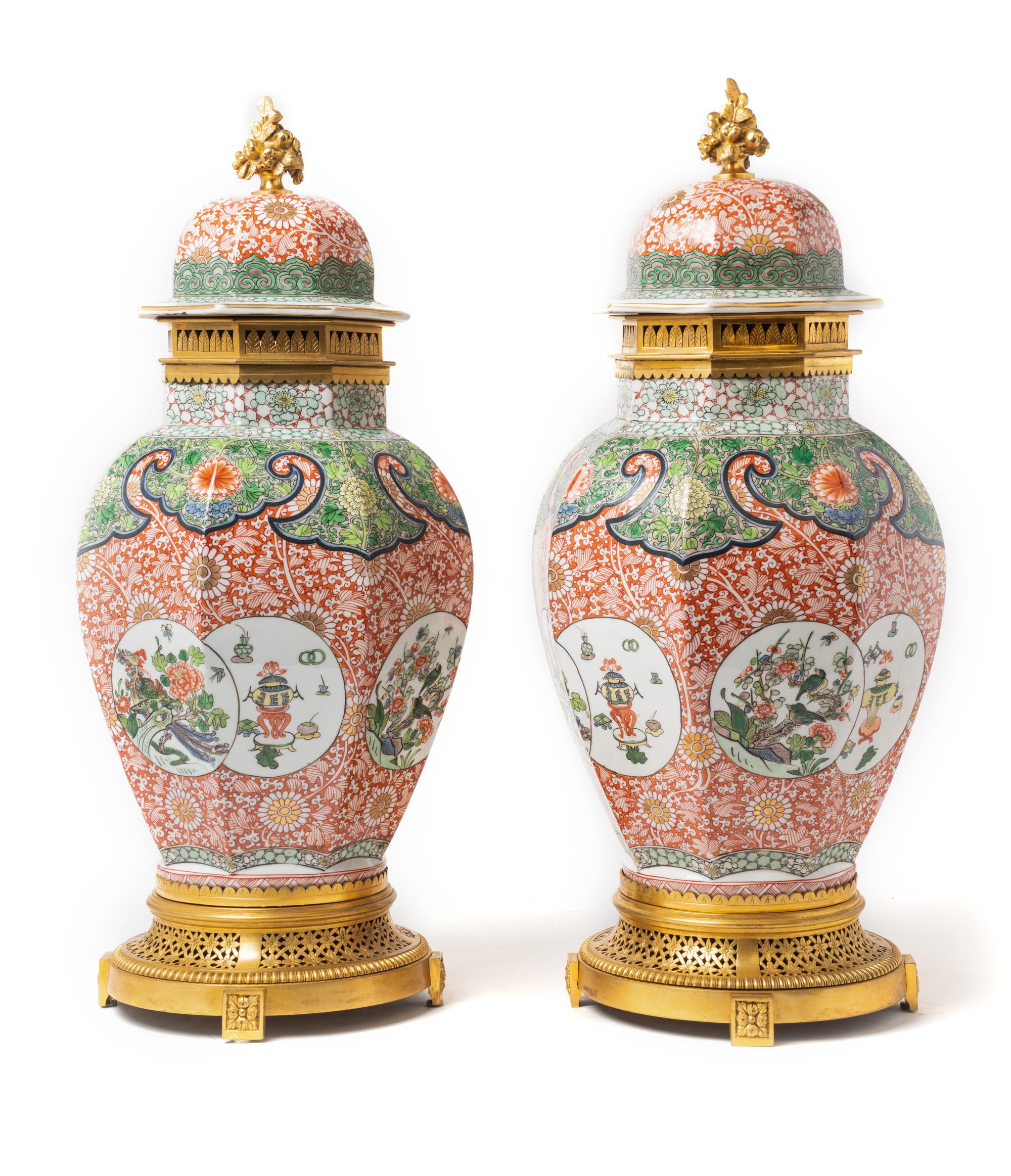 A Pair of French Gilt Bronze Mounted Chinese Porcelain Covered Vases