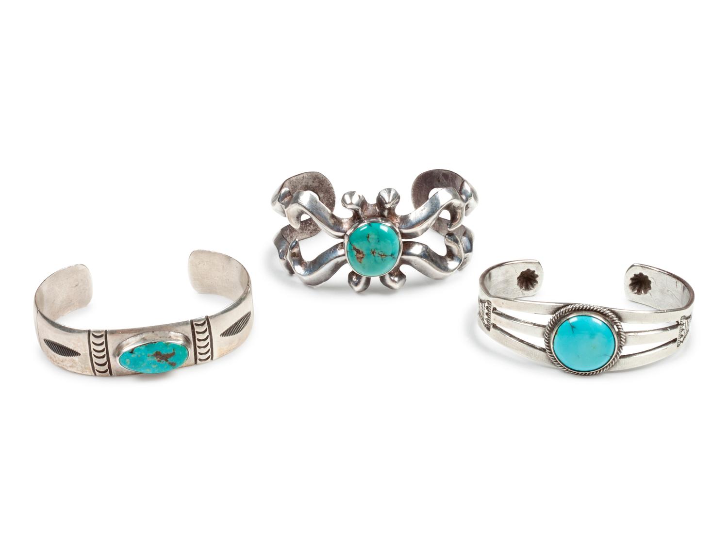Three Navajo Silver and Turquoise Cuff Bracelets