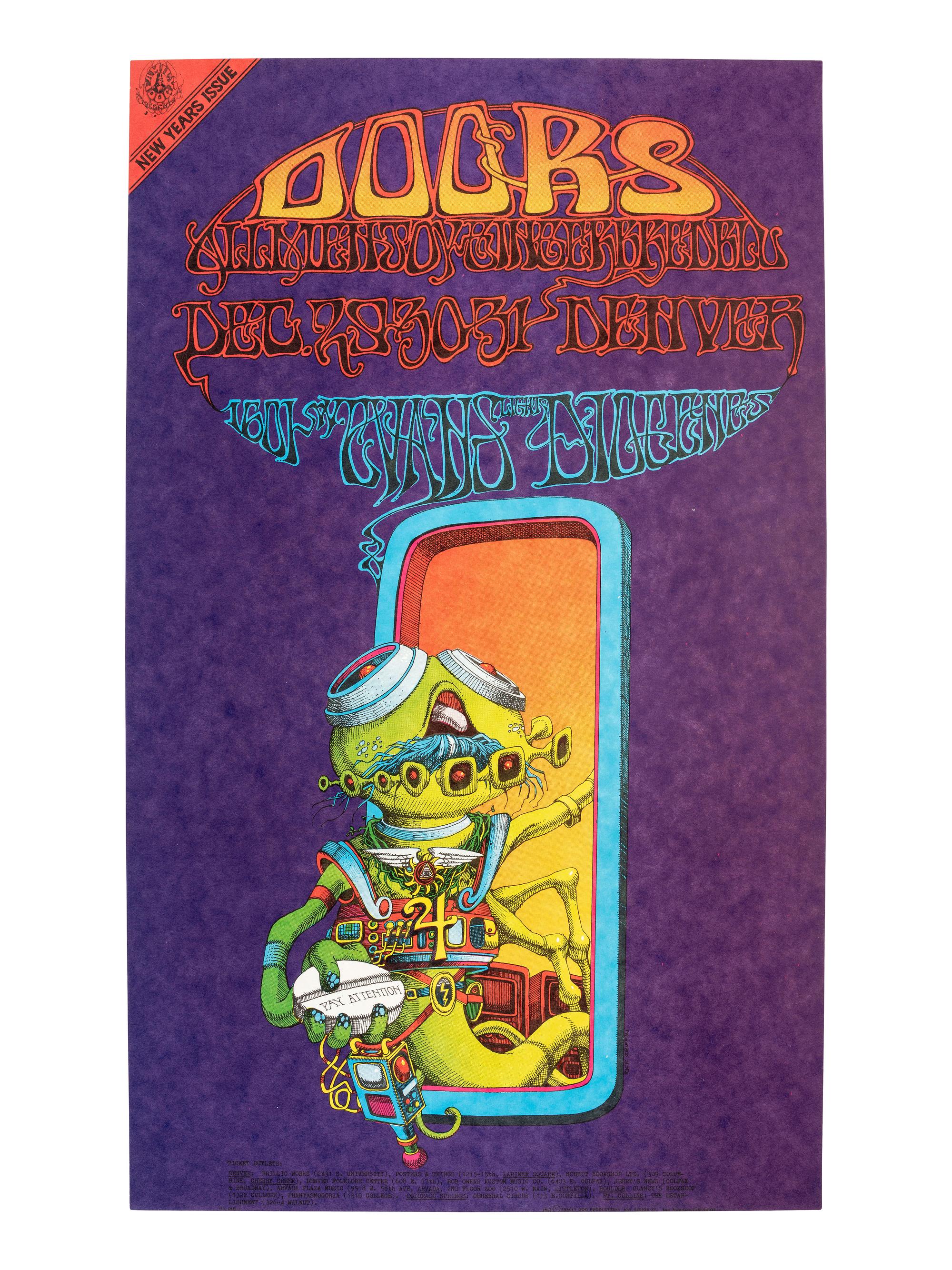 [MUSIC] -- [POSTERS]. GRIFFIN, Rick, artist. The Family Dog Presents the Doors, Allmen Joy, and Gingerbread Blu in Denver, Colorado . San Francisco, CA: Family Dog Productions, 1967.