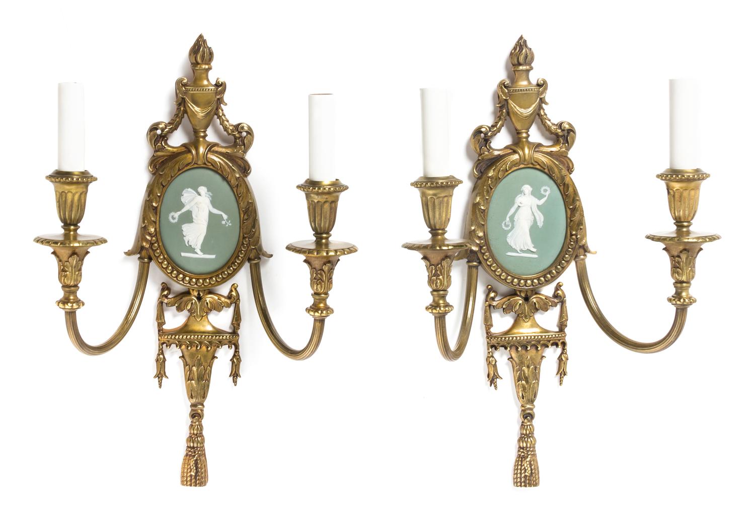 A Pair of Neoclassical Gilt Bronze and Wedgwood Jasperware Inset Sconces, Height 16 x width 10 1/2 inches.
