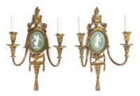 A Pair of Neoclassical Gilt Bronze and Wedgwood Jasperware Inset Sconces, Height 16 x width 10 1/2 inches.
