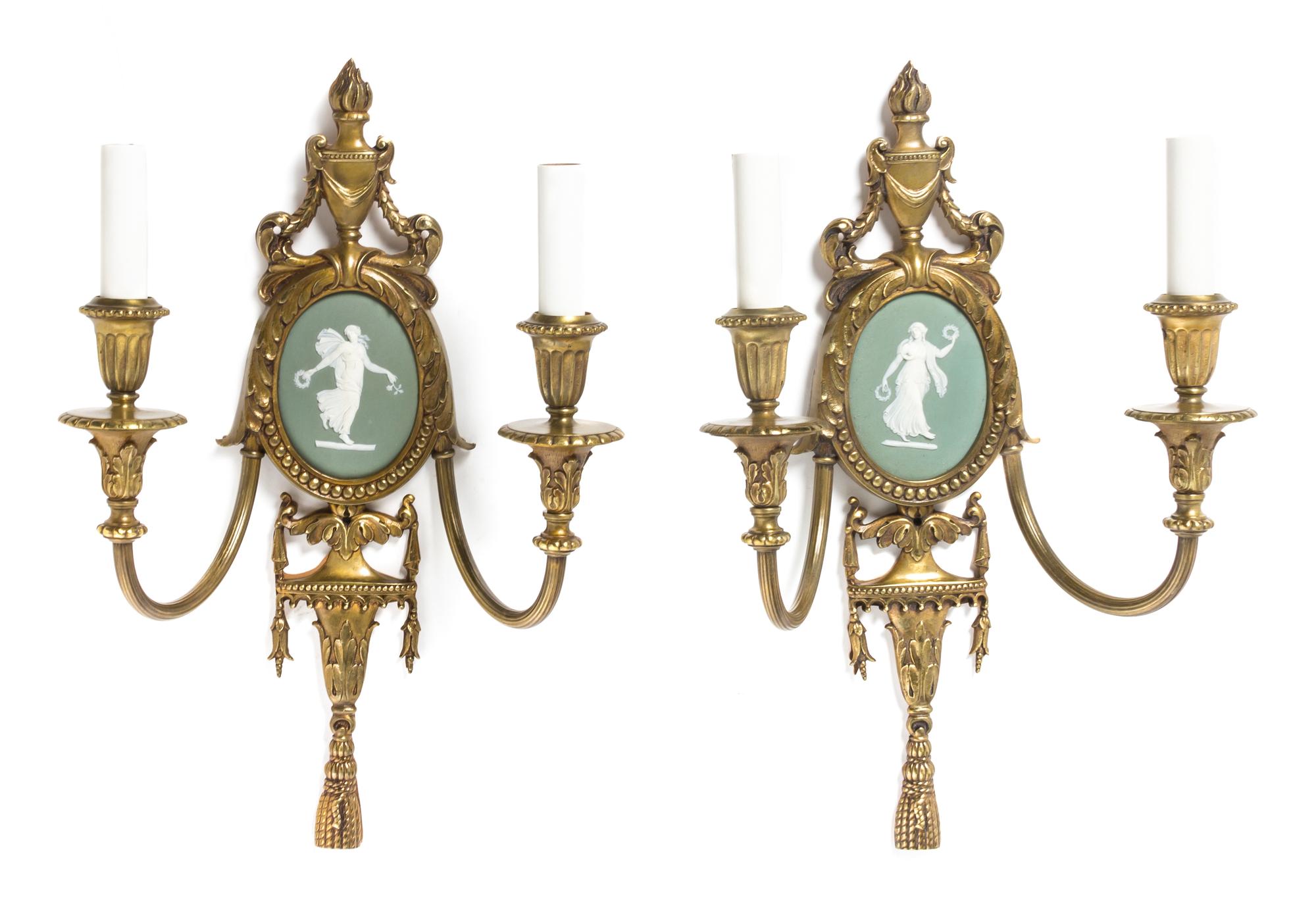 A Pair of Neoclassical Gilt Bronze and Wedgwood Jasperware Inset Sconces, Height 16 x width 10 1/2 inches.