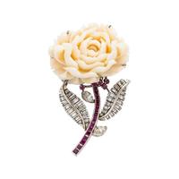 CORAL, DIAMOND, AND RUBY FLOWER BROOCH
