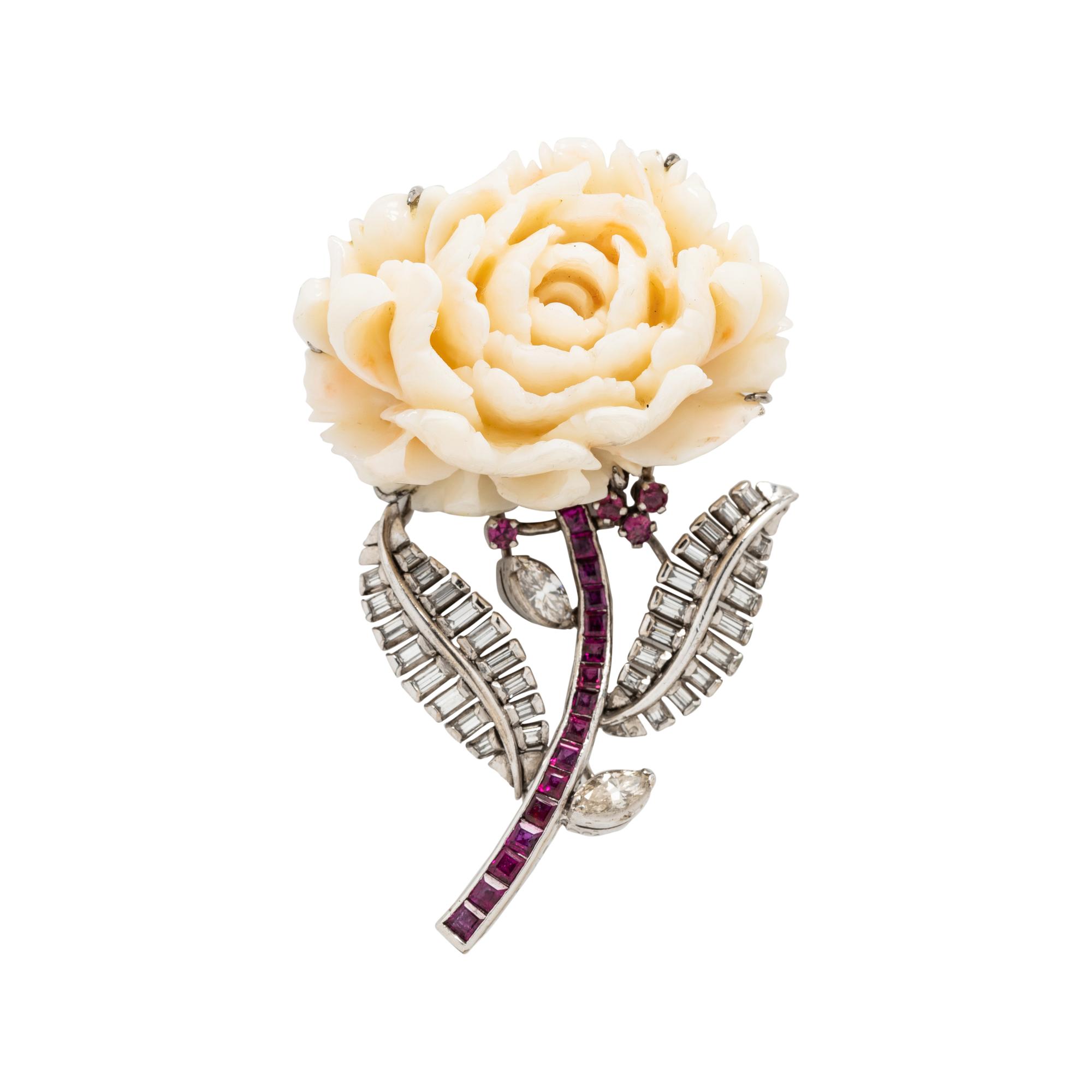 CORAL, DIAMOND, AND RUBY FLOWER BROOCH