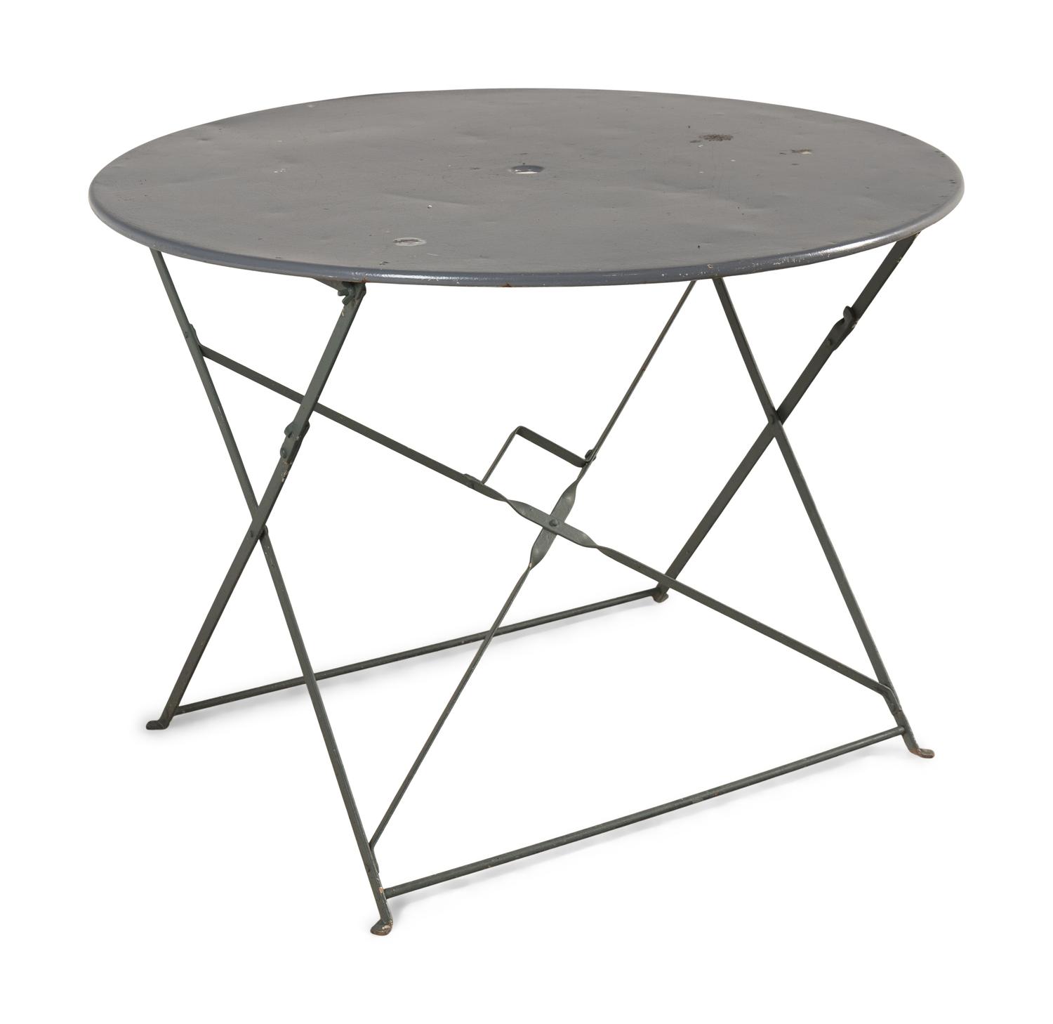 A Painted Metal Garden Table and a Set of Four Woven Metal Garden Chairs