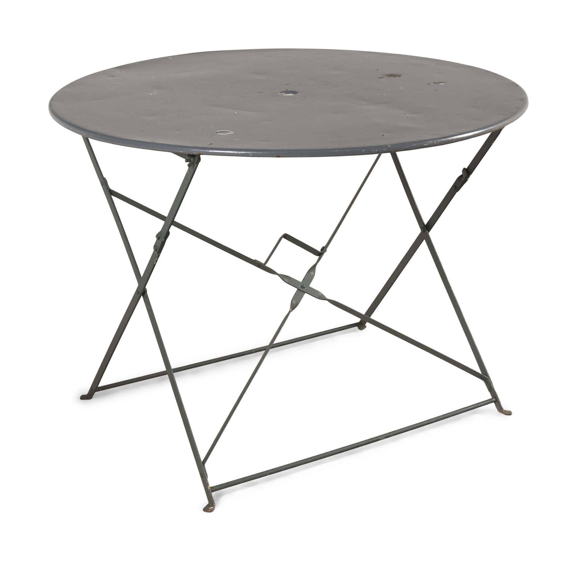 A Painted Metal Garden Table and a Set of Four Woven Metal Garden Chairs