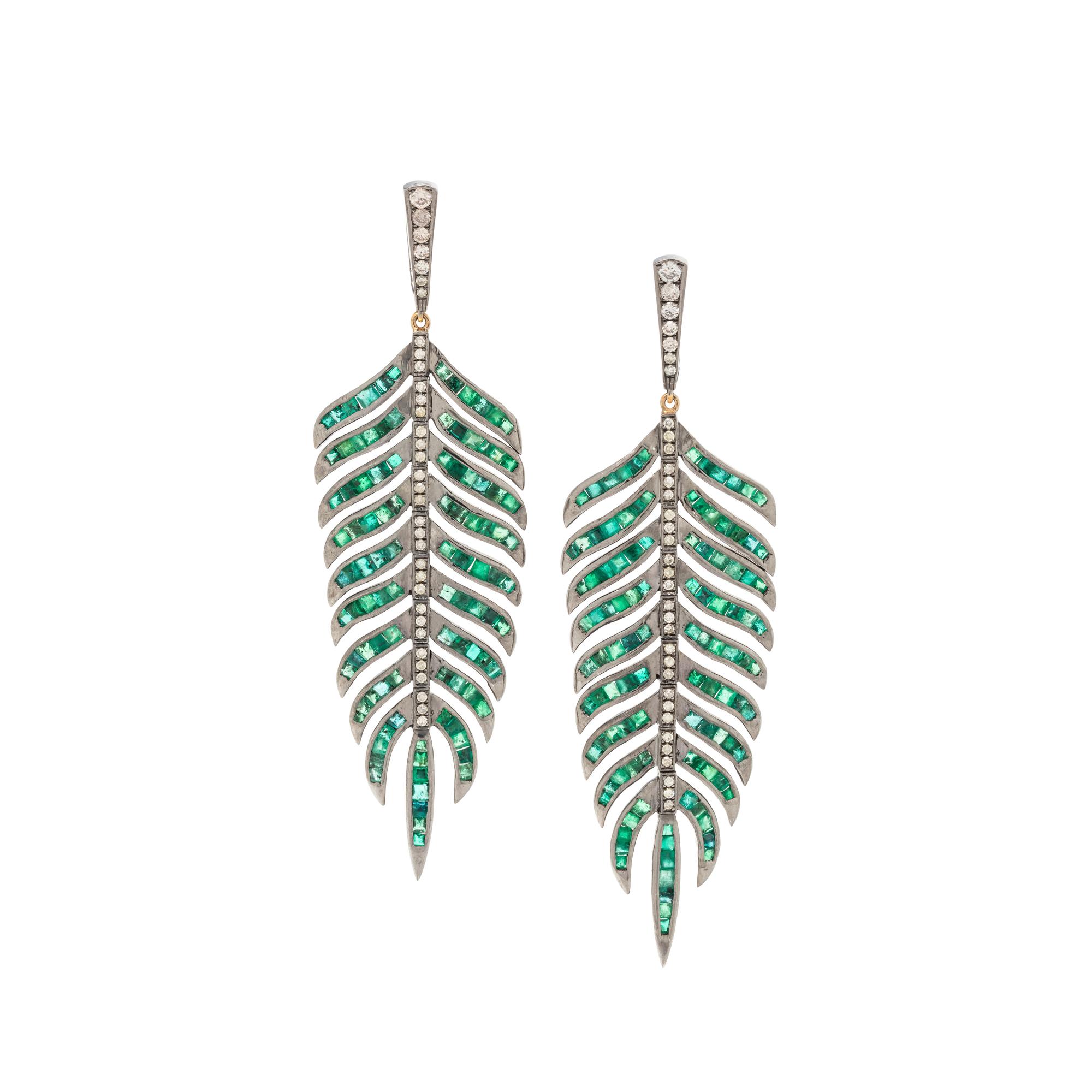 EMERALD AND DIAMOND FEATHER EARRINGS
