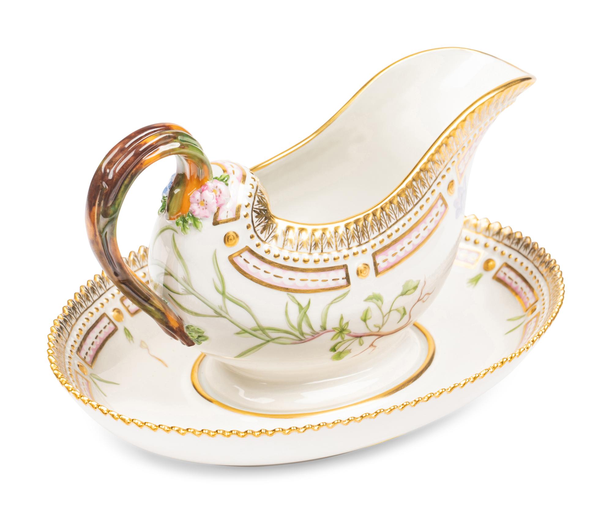 A Royal Copenhagen Flora Danica Porcelain Sauce Boat and Fixed Stand