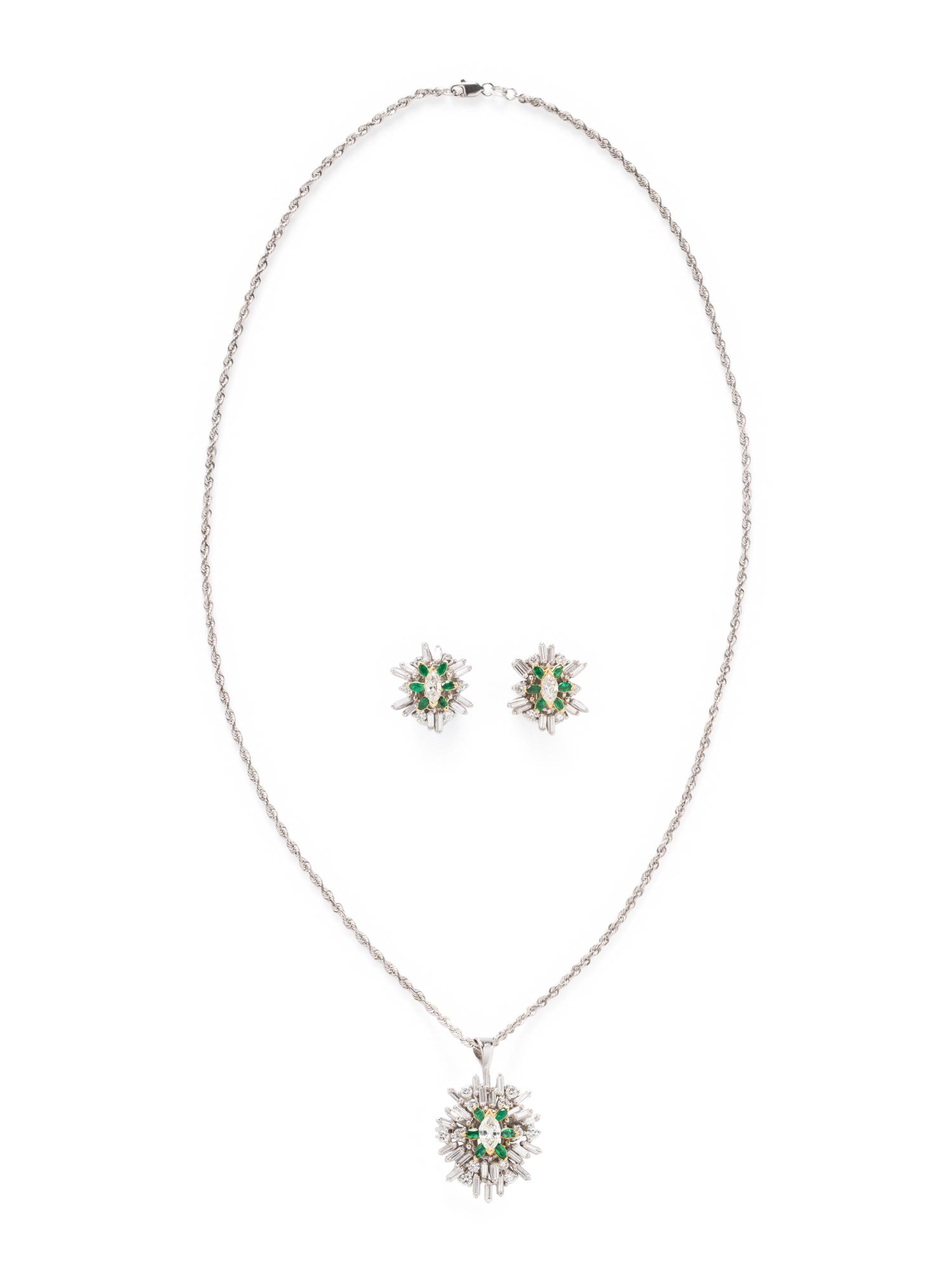 DIAMOND AND EMERALD EARRINGS AND PENDANT NECKLACE
