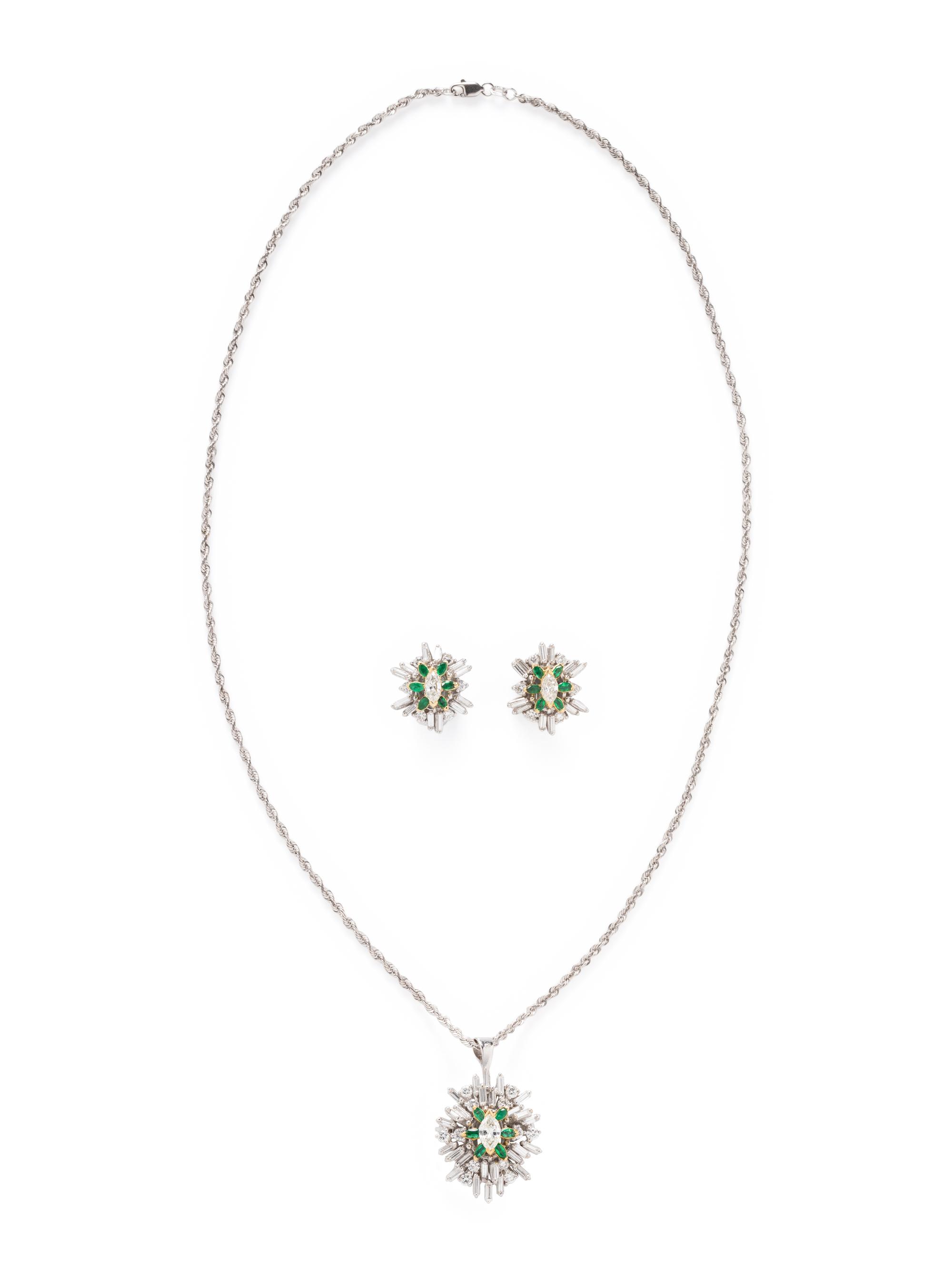 DIAMOND AND EMERALD EARRINGS AND PENDANT NECKLACE