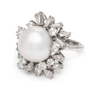 A Platinum, Cultured South Sea Pearl and Diamond Ring, 7.90 dwts.
