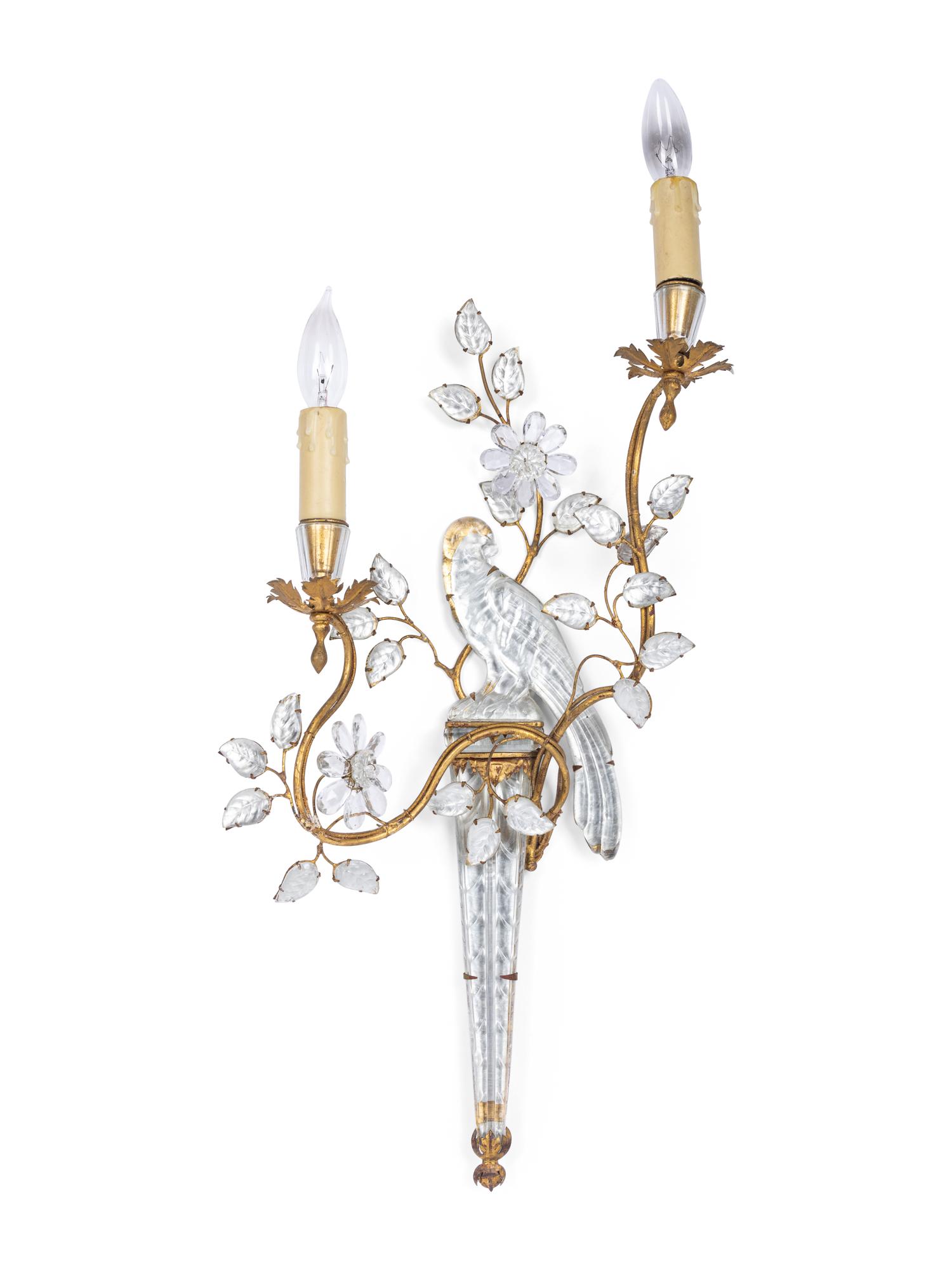 A Pair of Gilt Metal and Glass Two-Light Sconces in the Style of Maison Baguès
