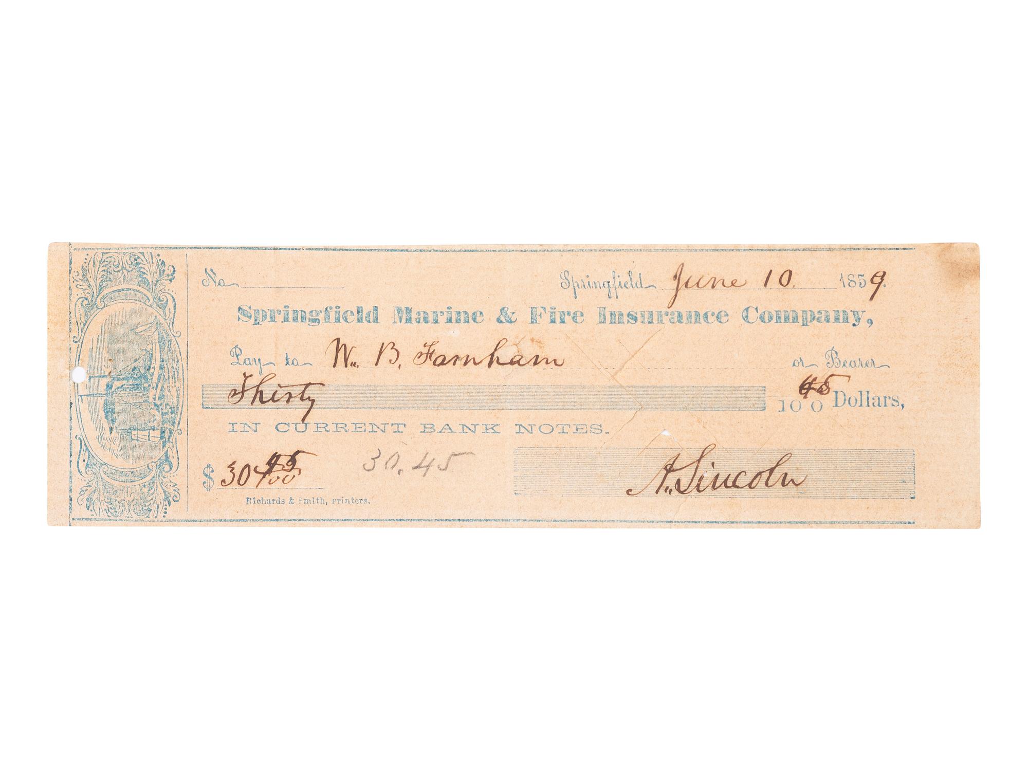 LINCOLN, Abraham (1809-1865). Personal check signed ("Abraham Lincoln"). Springfield, [IL], 10 June 1859.