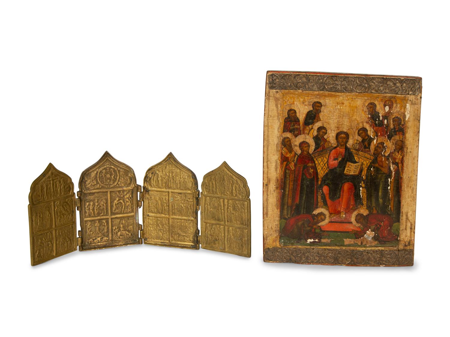 A Painted Russian Icon of Christ Enthroned Surrounded by Saints and a Brass Four-Panel Travel Prayer Icon
