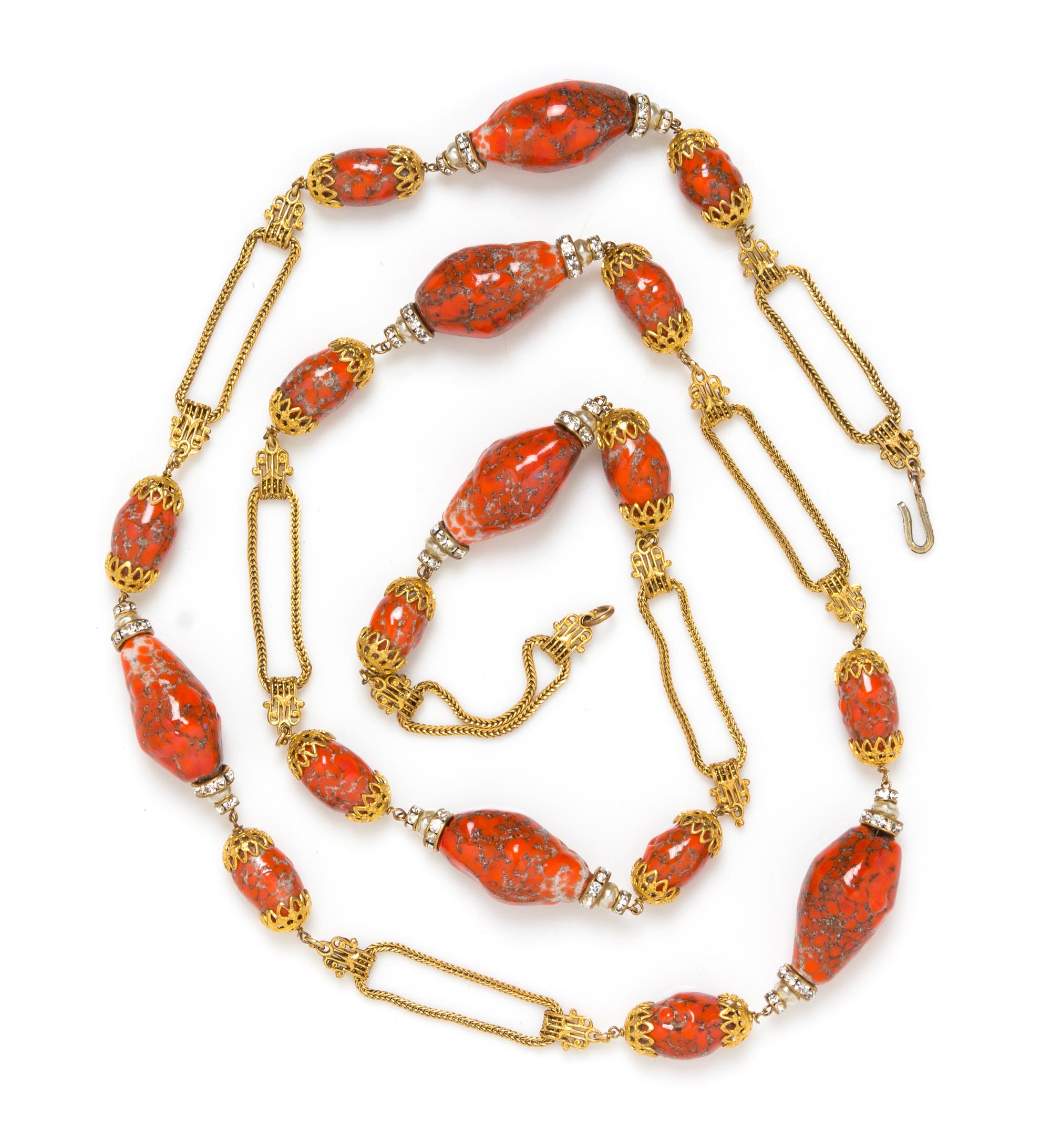 A Chanel Faux Coral Beaded Goldtone Sautoir, 45".