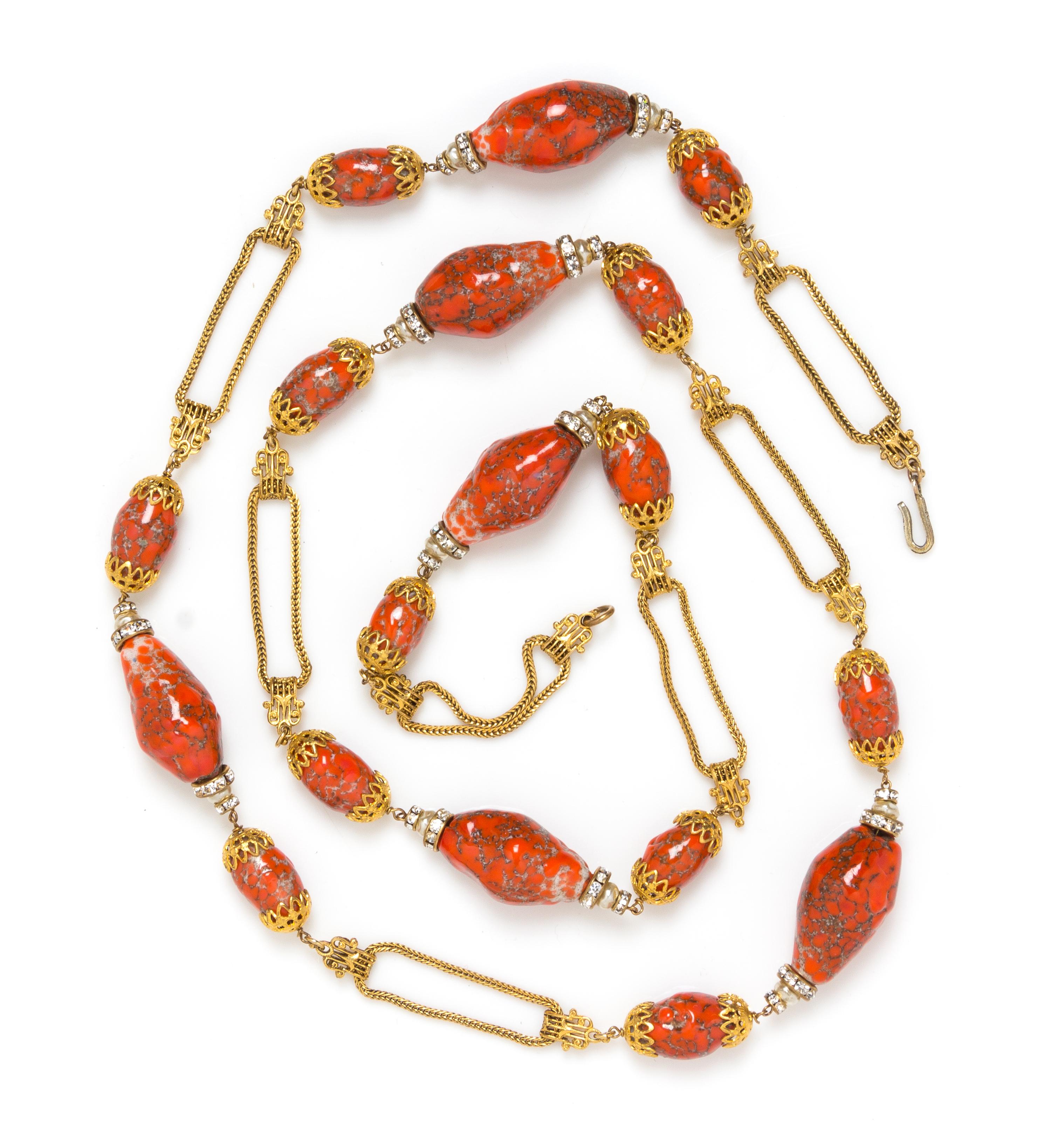 A Chanel Faux Coral Beaded Goldtone Sautoir, 45".